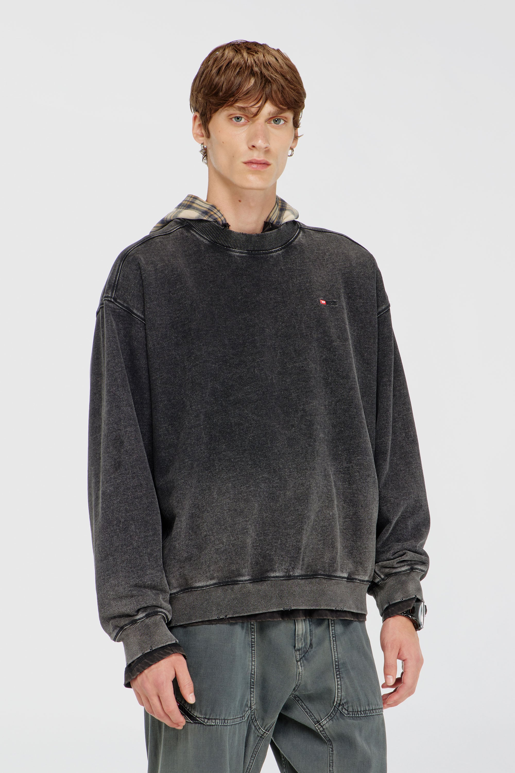 Diesel - S-CROX, Sweat-shirt en coton effet d&eacute;lav&eacute; Homme in Gris - 1