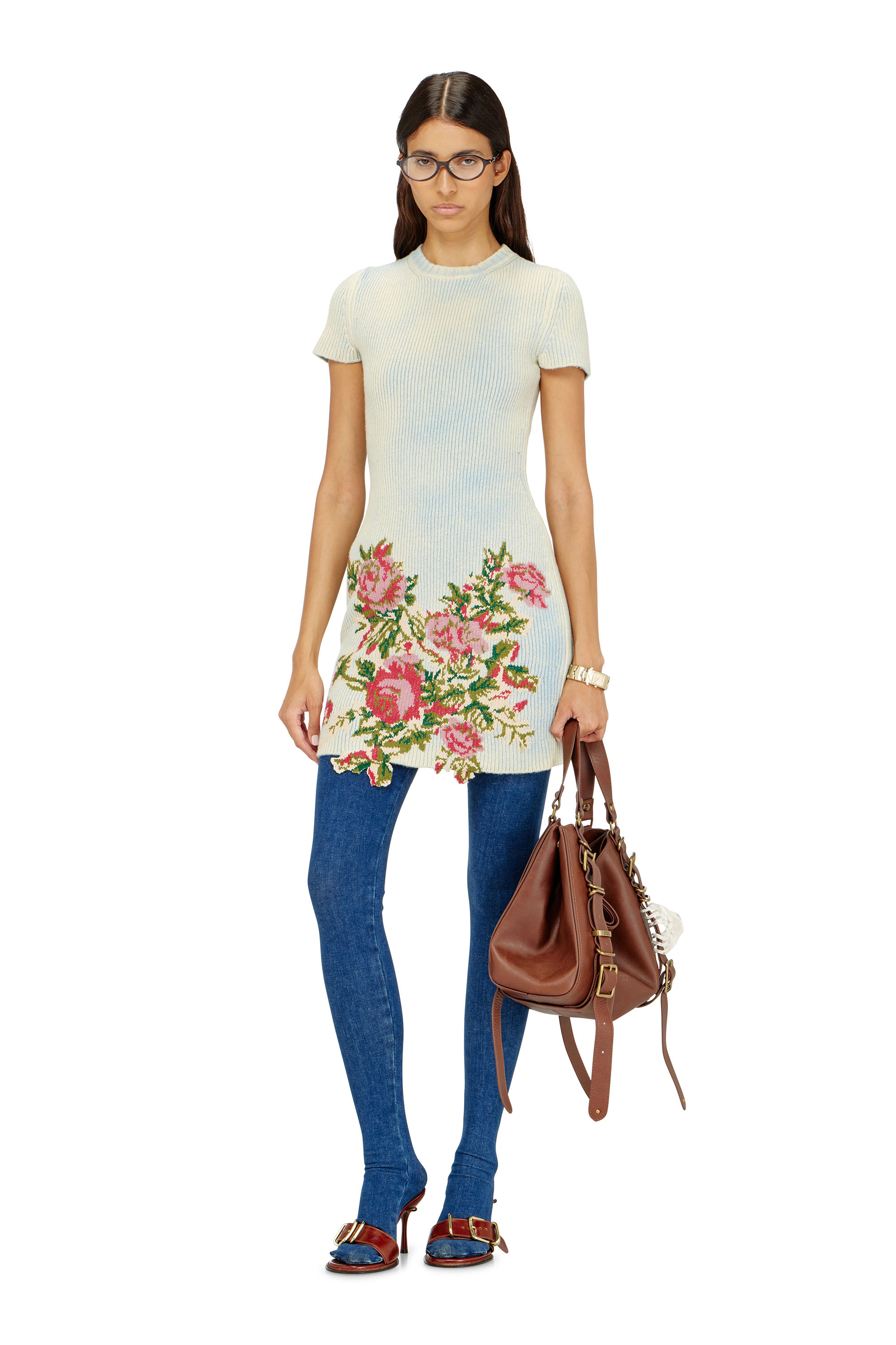 Diesel - M-RINNIE, Robe courte en maille m&eacute;lang&eacute;e laine &agrave; motif fleuri Femme in Blanc - 1