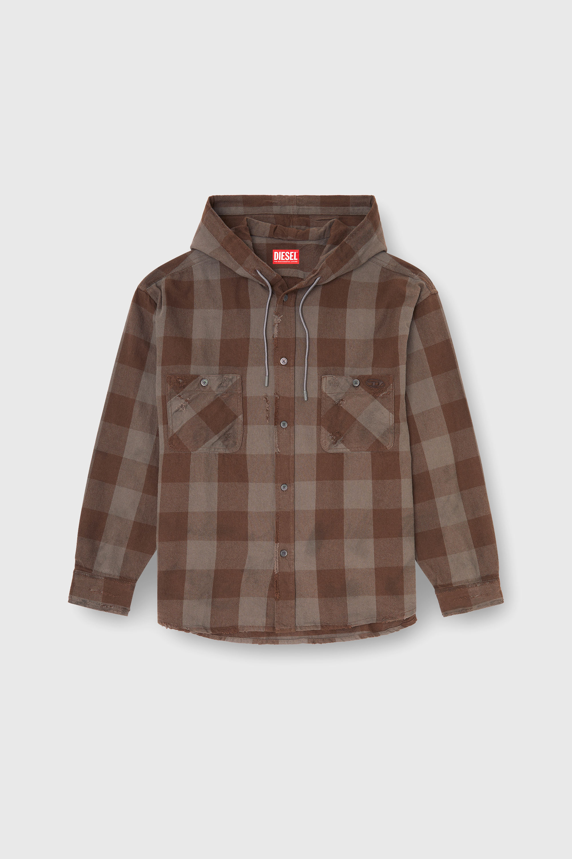 Diesel - S-DRUM-HOODY, Chemise &agrave; capuche effet us&eacute; en flanelle &agrave; carreaux Homme in Marron - 2