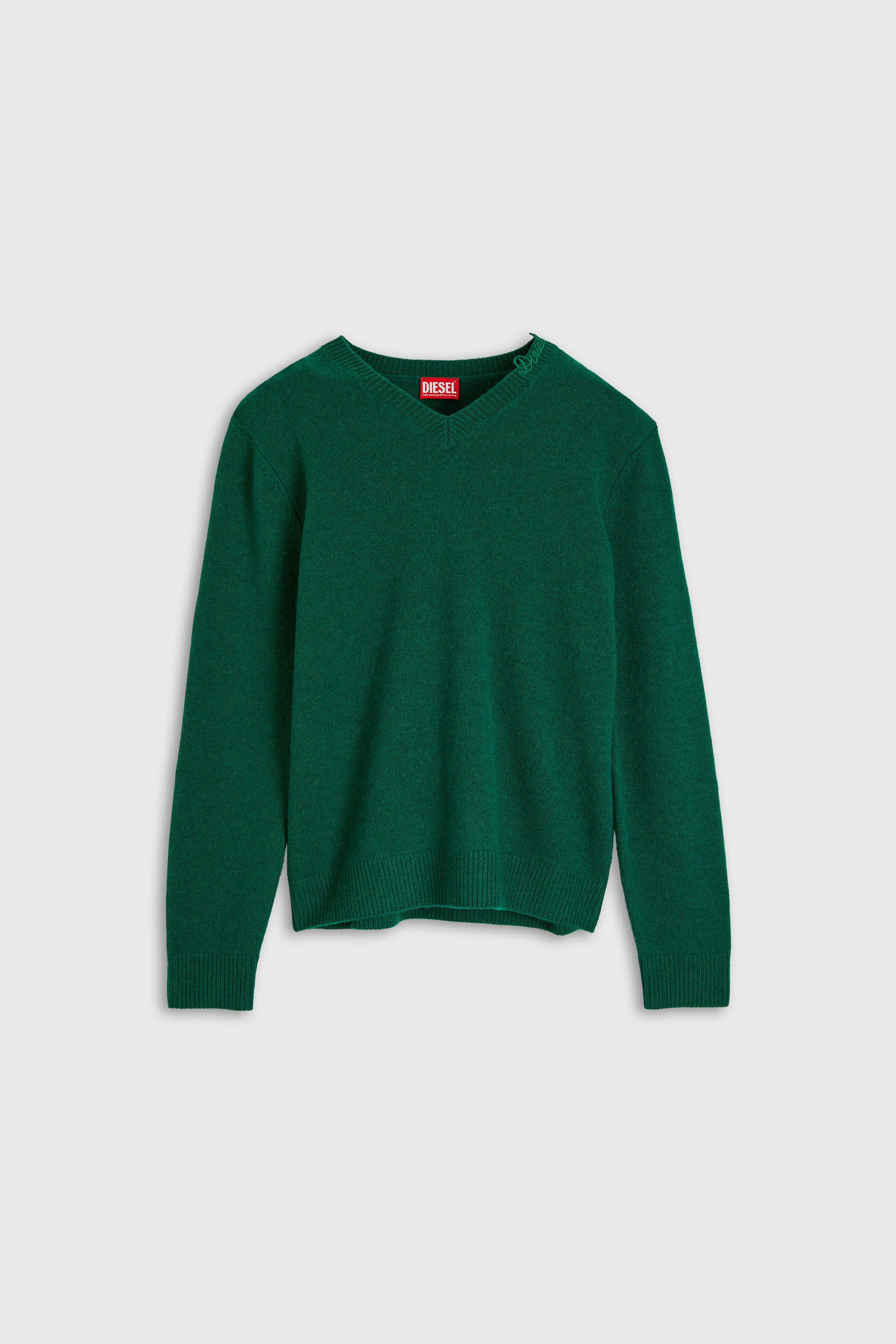 Diesel - K-IMER, Pull en laine col V avec logo sur le col Homme in Vert - 2