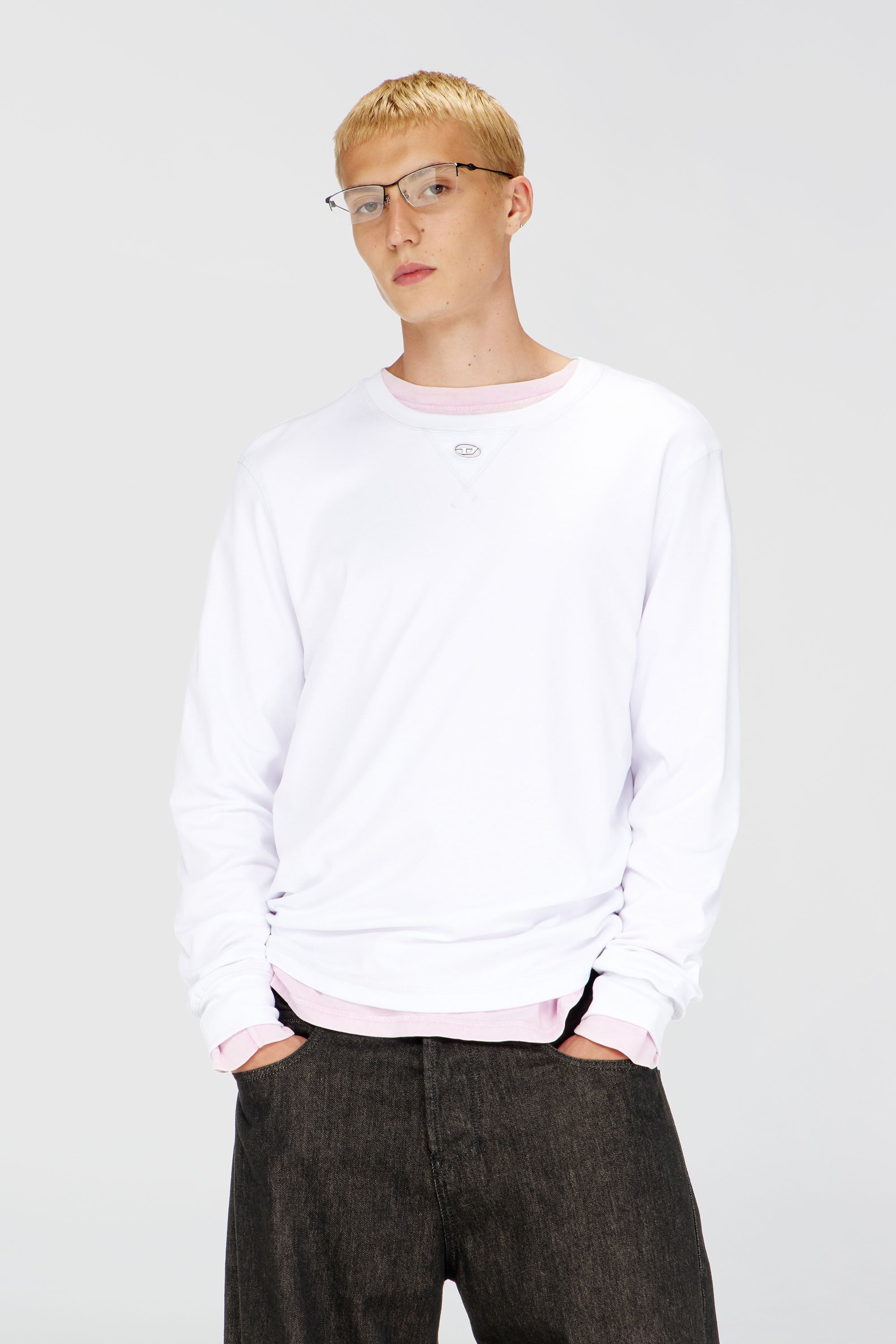 Diesel - T-MADJUST-LS-TR, T-shirt &agrave; manches longues en coton avec Oval D Homme in Blanc - 1