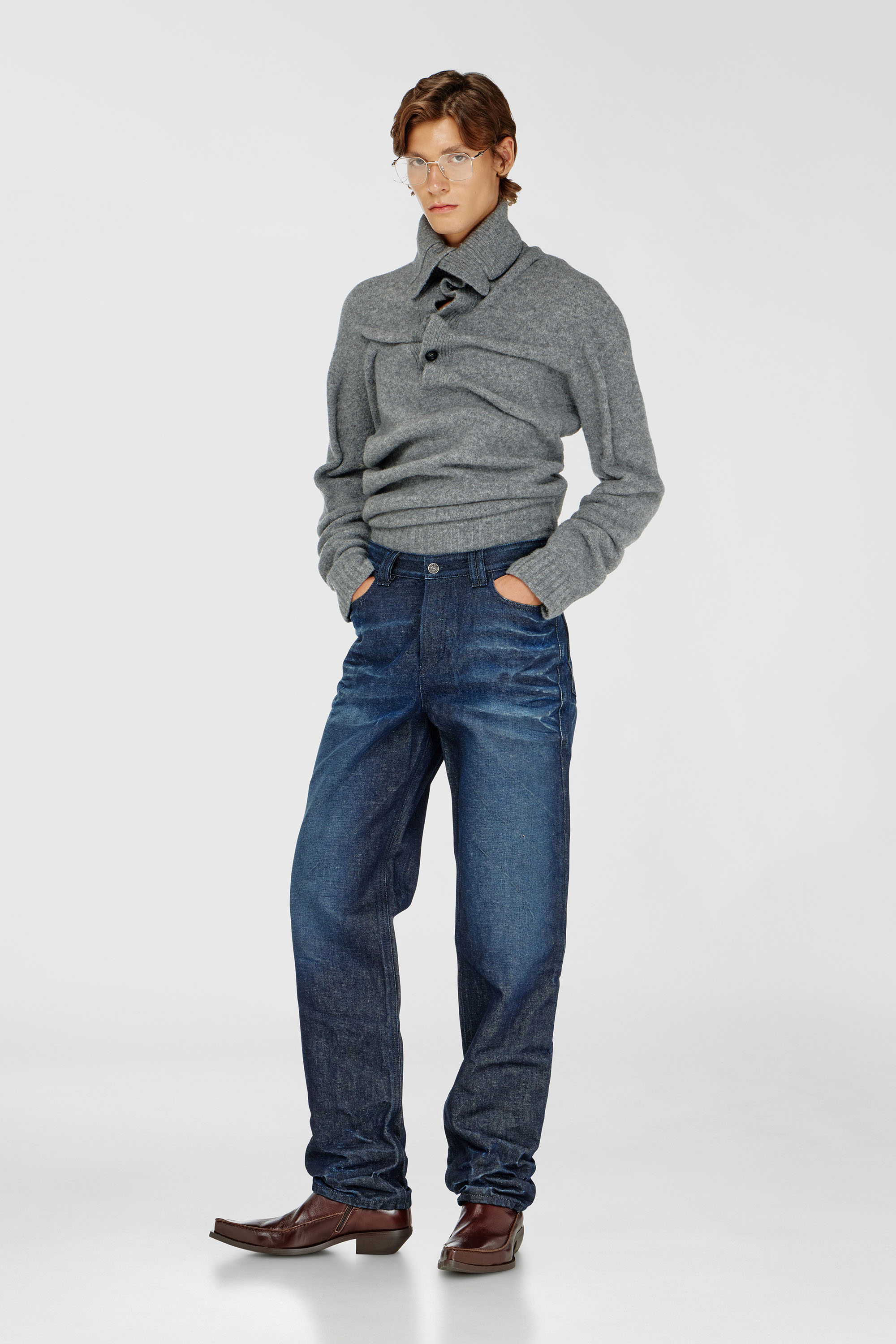 Diesel - K-ANDREW, Pull col boutonnage en maille bouillie froiss&eacute;e Homme in ToBeDefined - 2