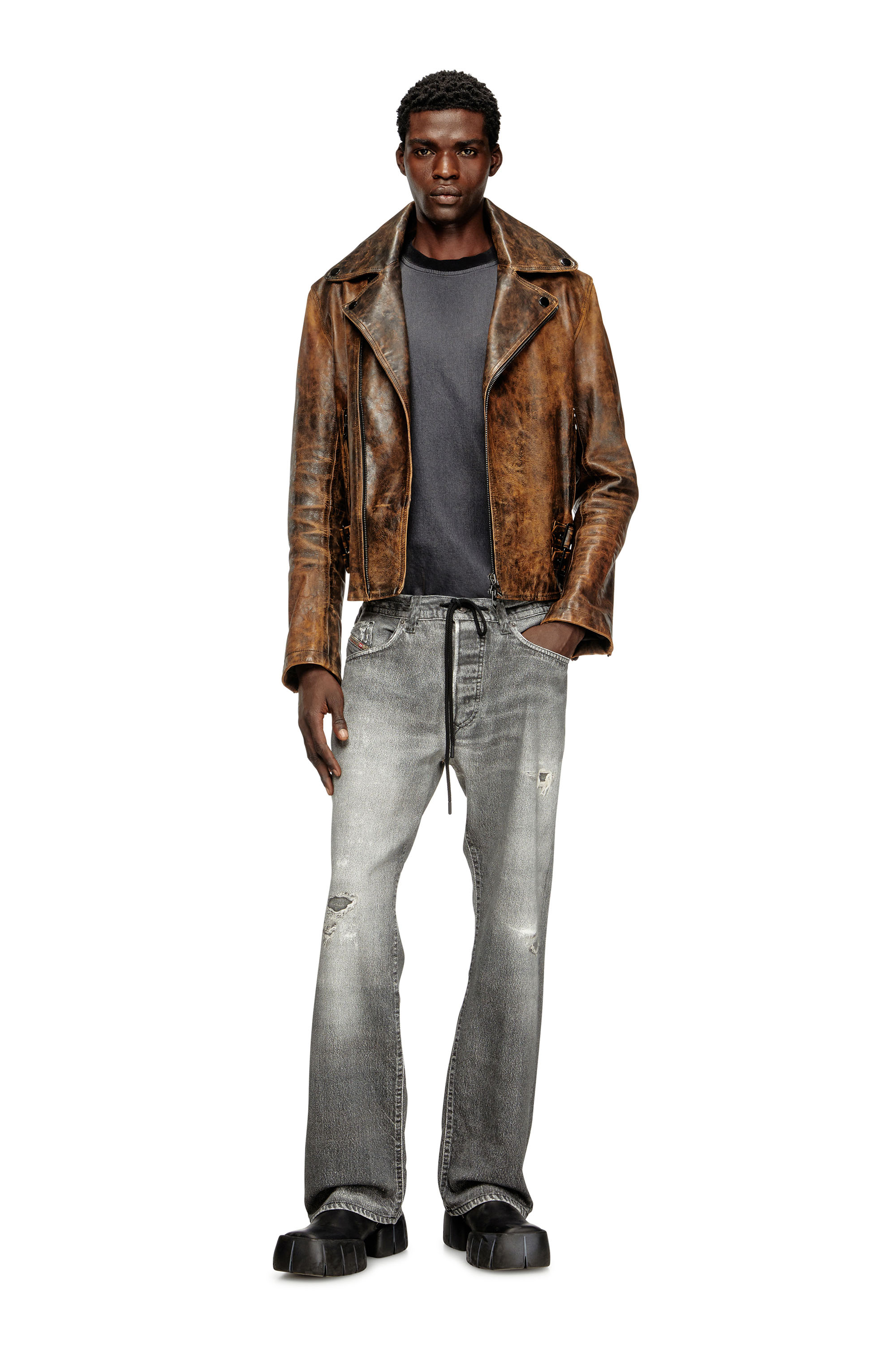 Diesel - L-EON, Blouson de motard en cuir traité Homme in Marron - 1