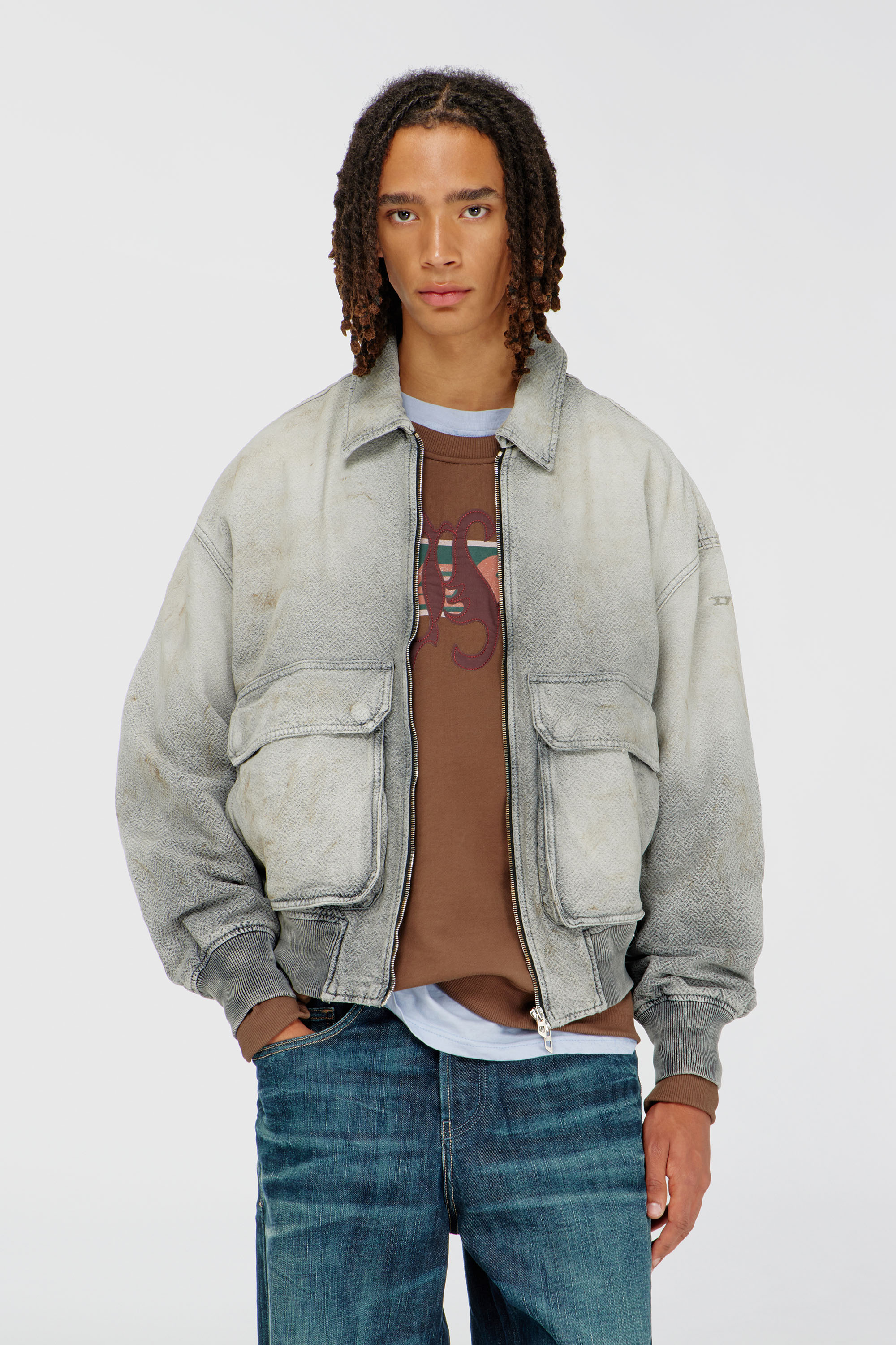 Diesel - D-KURZ, Veste en denim chevron effet us&eacute; Mixte in Gris - 3