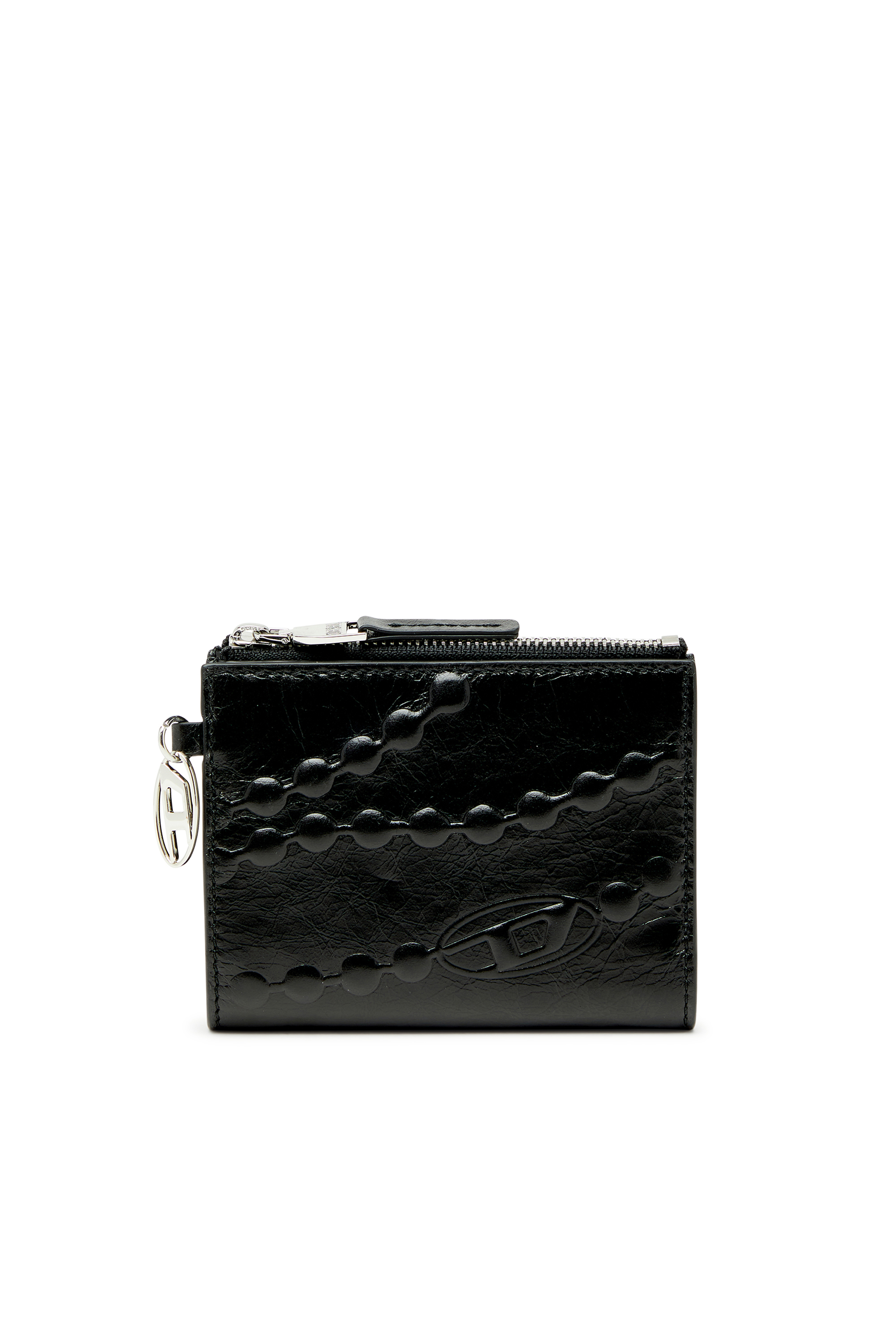 Diesel - OVAL-D BI FOLD ZIP II, Portefeuille bi-fold en cuir avec motif cha&icirc;ne emboss&eacute; Femme in Noir - 1