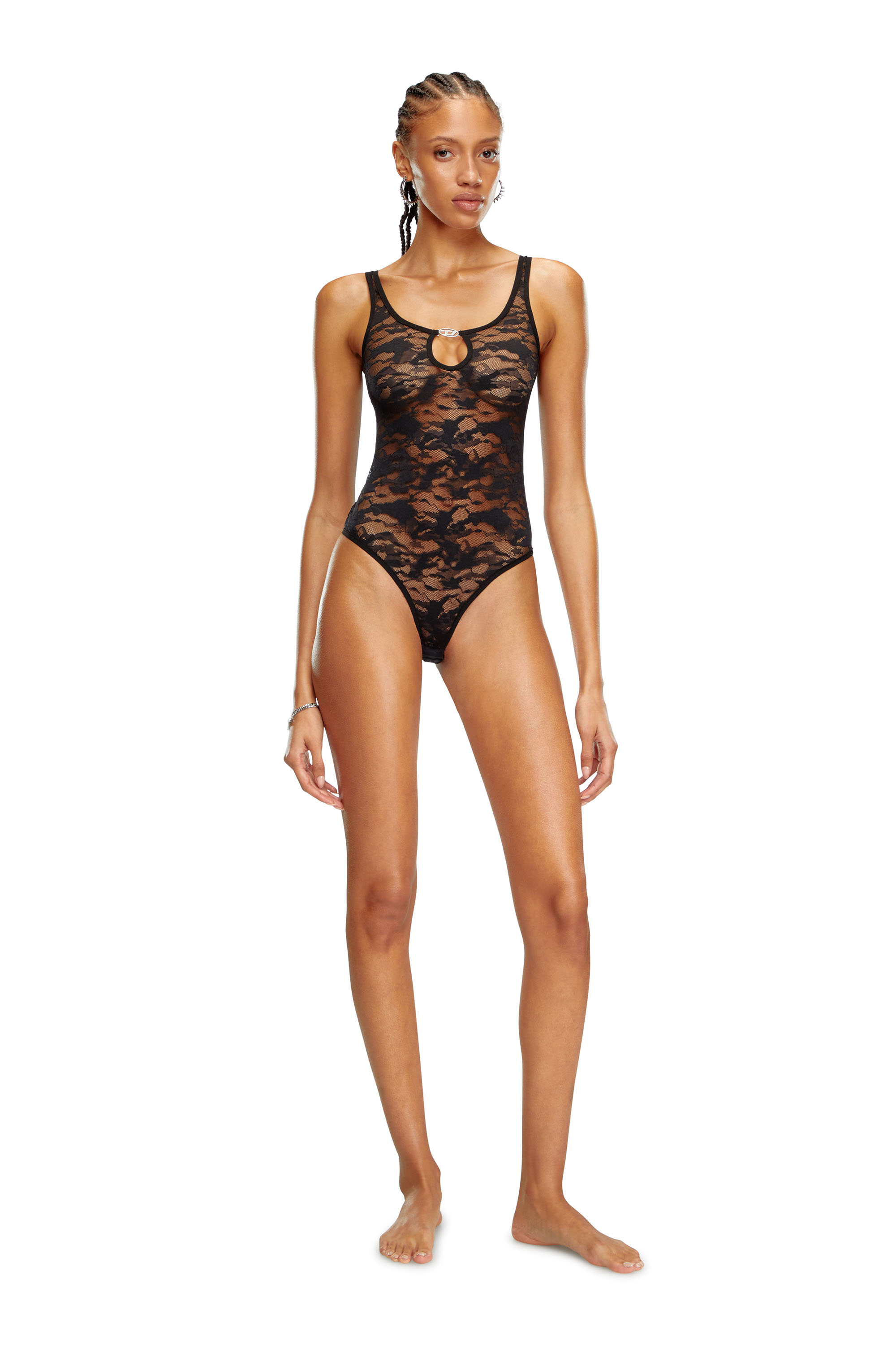 Diesel - UFBY-D-OVAL-LACE-BODYSUIT, Body en dentelle camouflage avec plaque Oval D Femme in Noir - 1