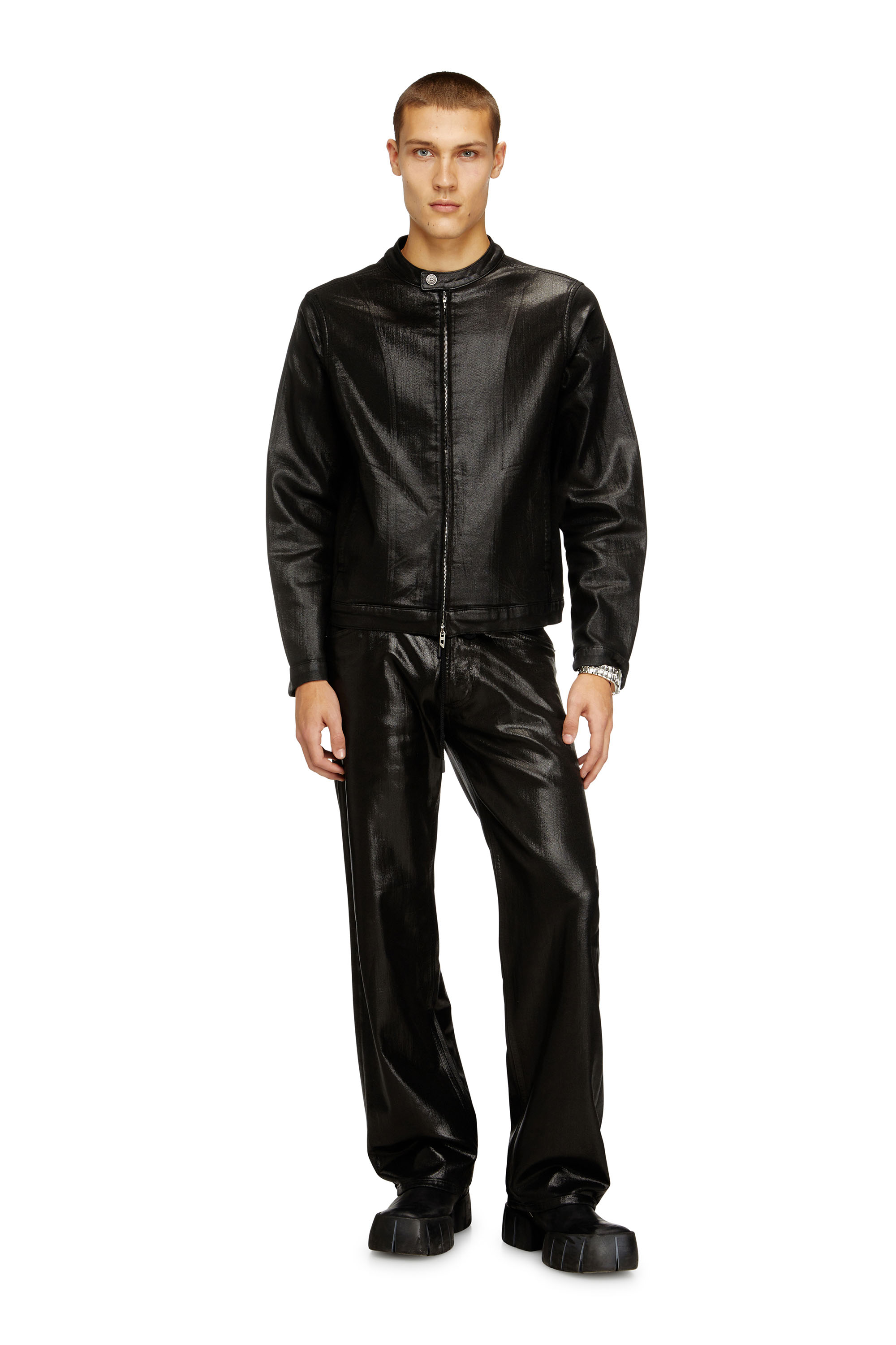 Diesel - D-GLORY JOGG, Blouson motard en JoggJeans enduit brillant Homme in Noir - 2