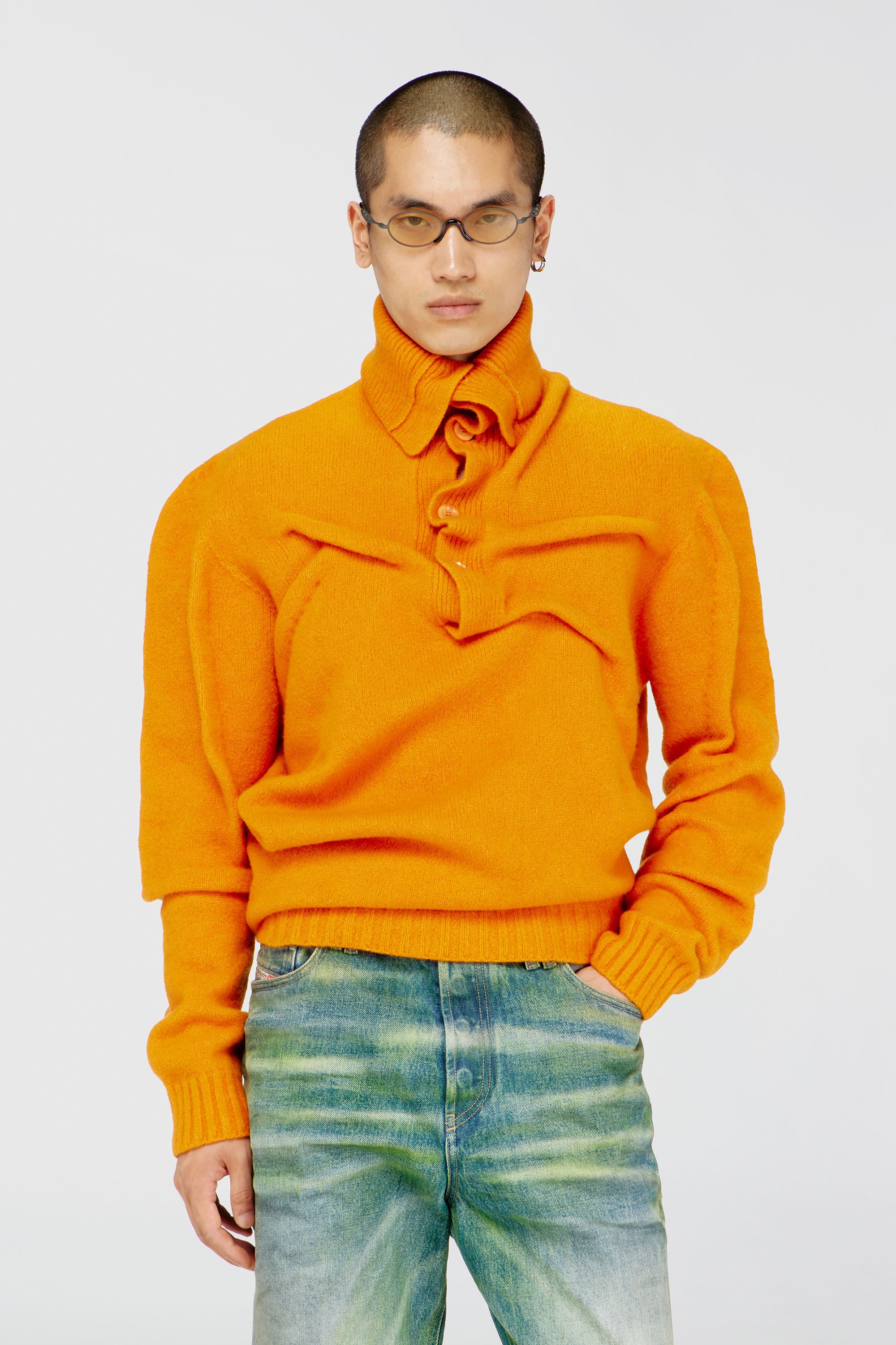 Diesel - K-ANDREW, Pull col boutonnage en maille bouillie froiss&eacute;e Homme in Orange - 1
