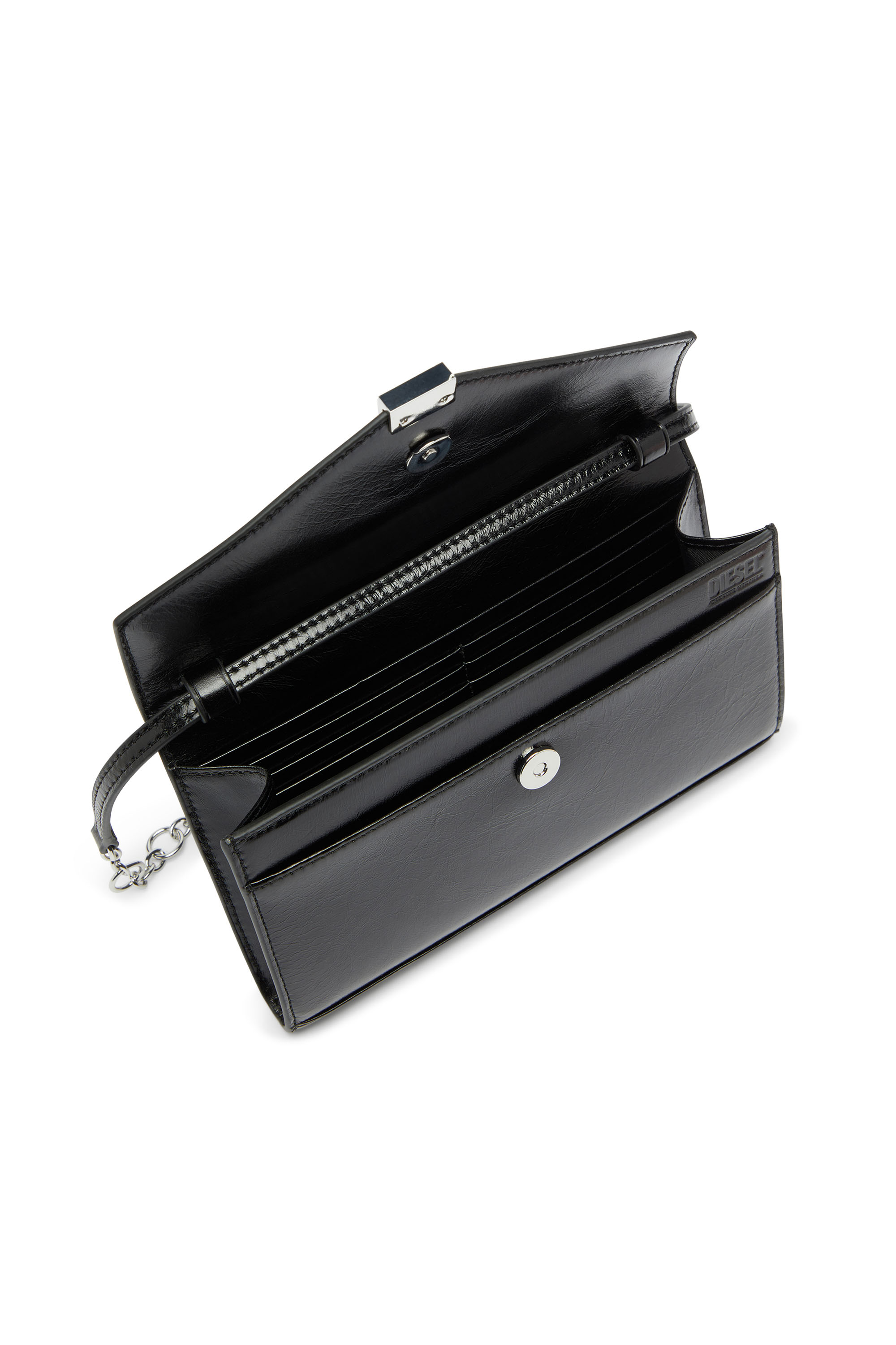 Diesel - D-ENVELOP WALLET ON CHAIN, Portefeuille en cuir brillant effet froiss&eacute; Femme in Noir - 4