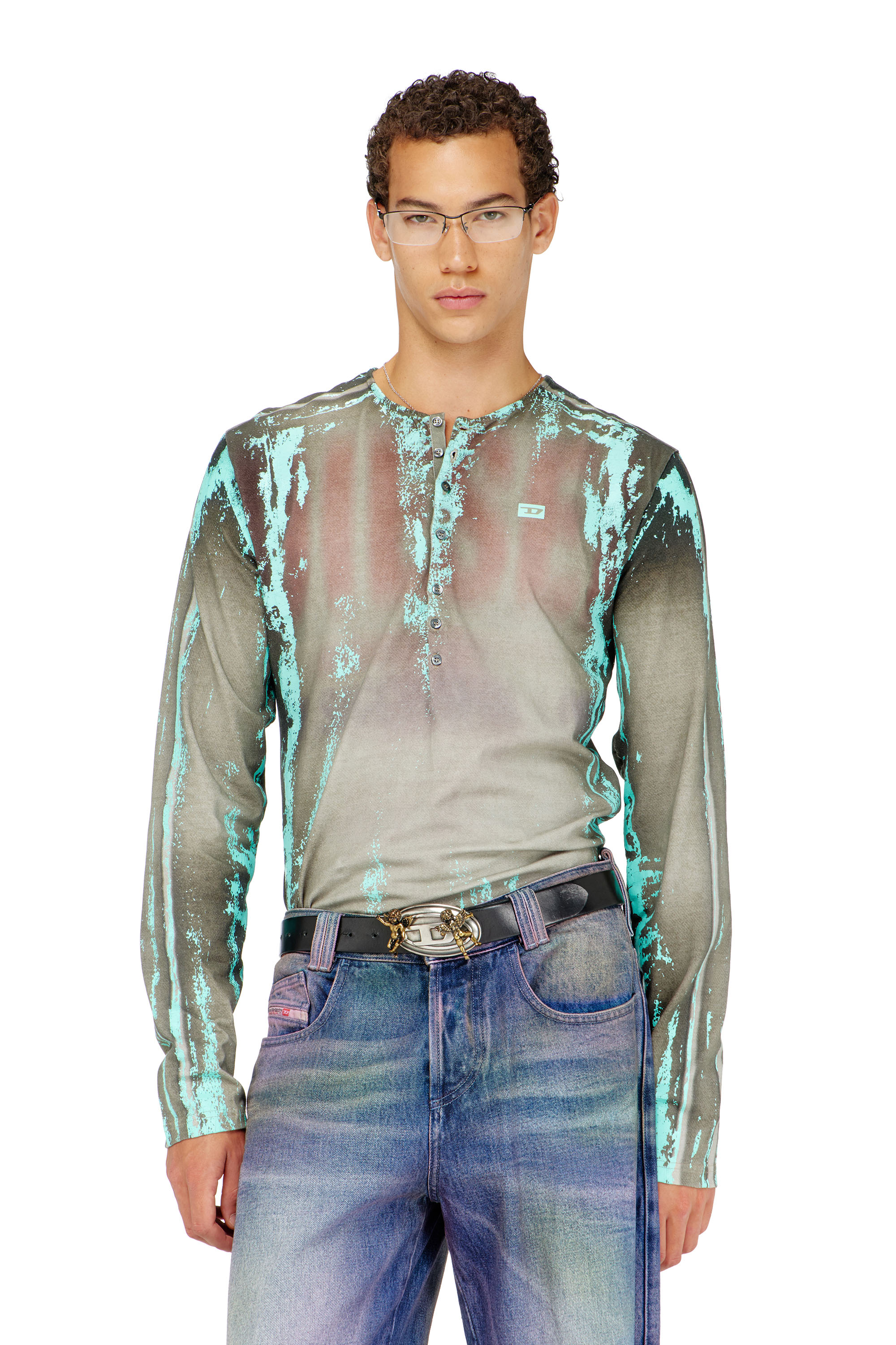 Diesel - T-FYNO-ML, Man's Grandad T-shirt in cracked leather-effect jersey in Green - 1