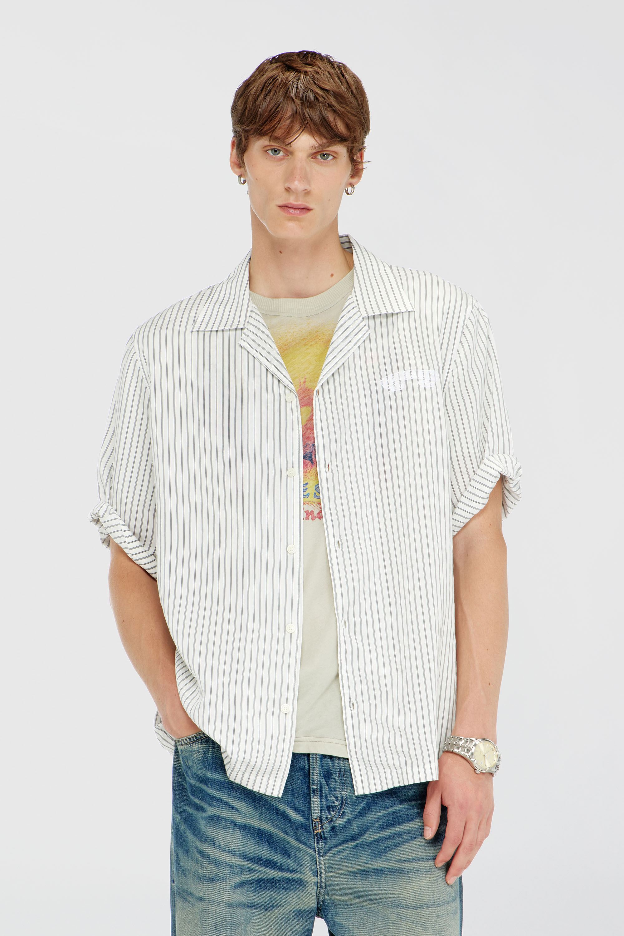 Diesel - S-MAC-EFBV, Chemise &agrave; manches courtes en modal &agrave; rayures fines Homme in Polychrome - 1
