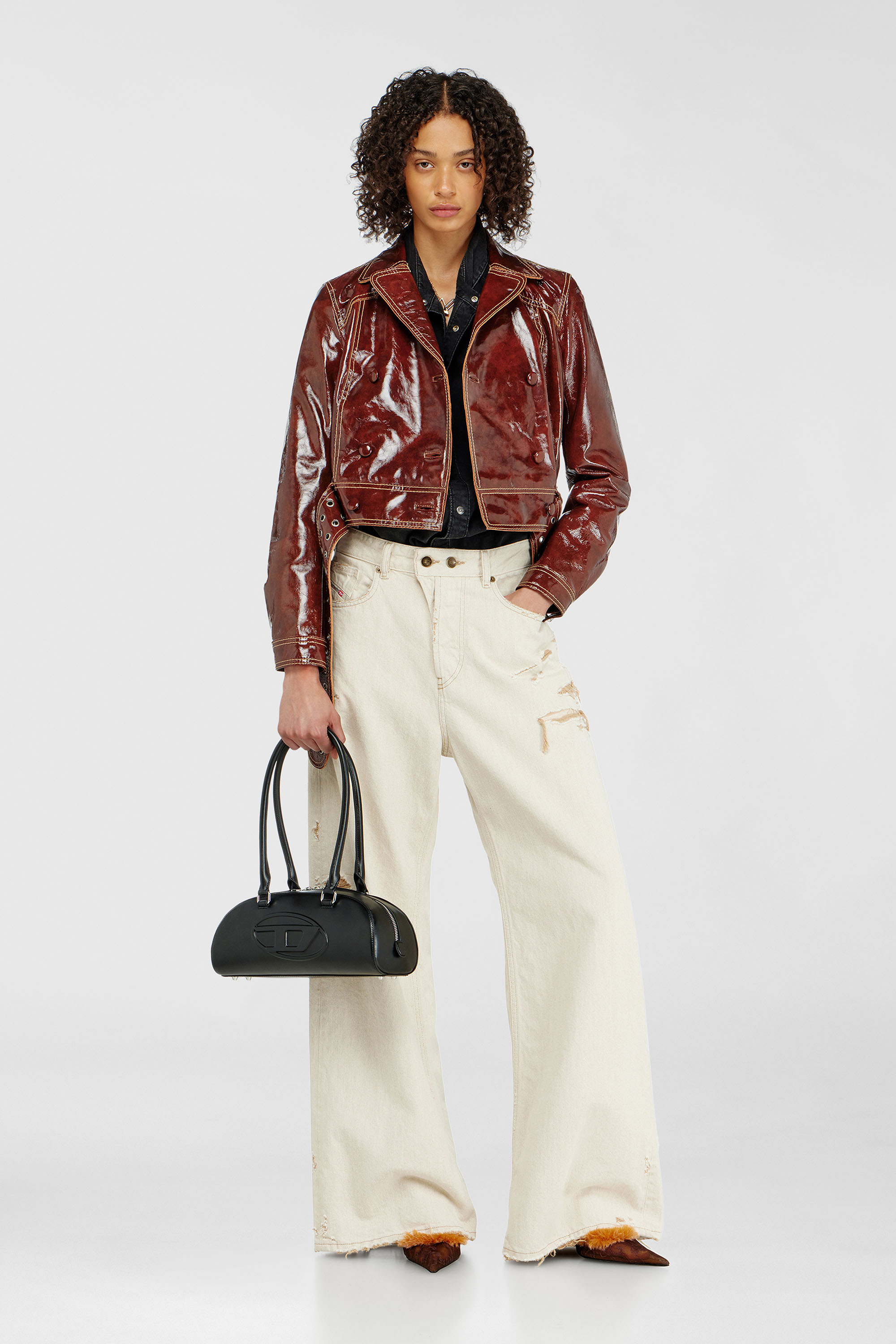 Diesel - L-EGEND, Veste en cuir verni avec large ceinture Femme in Rouge - 1