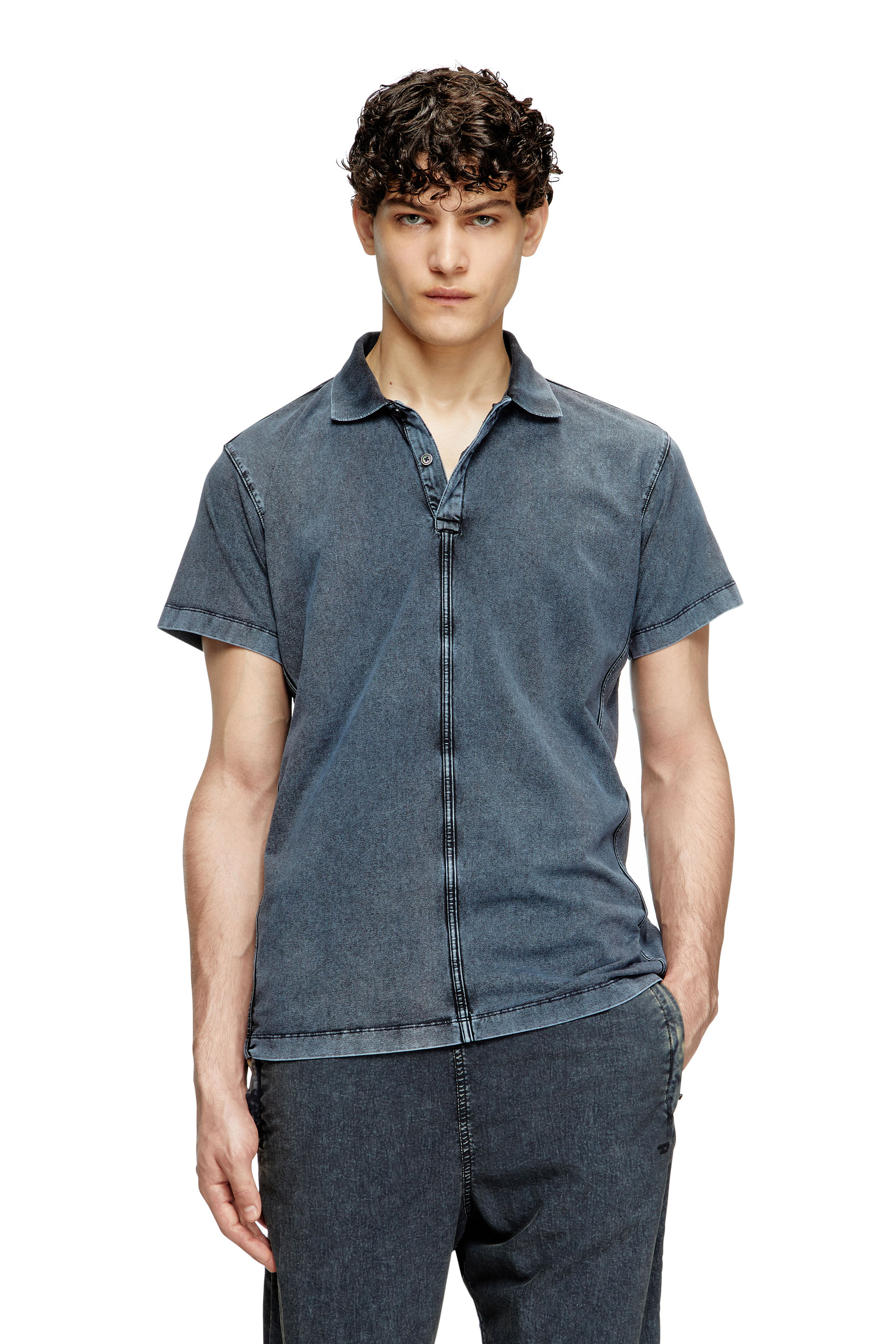 Diesel - T-NOMELY, Polo en jersey effet denim Homme in Bleu - 1