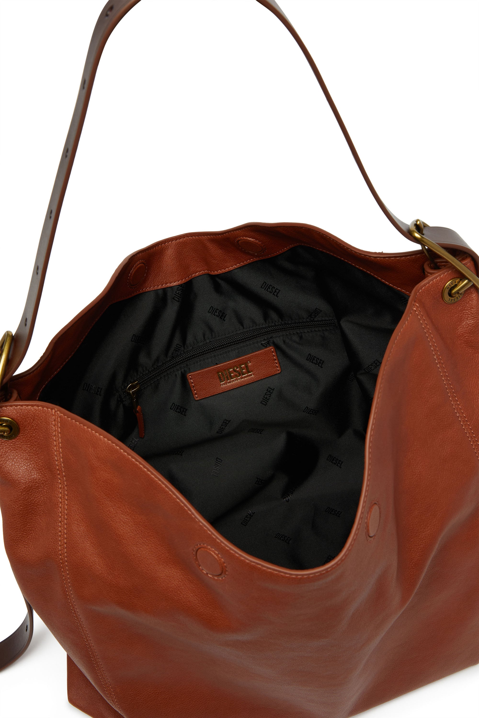 Diesel - D-LINE HOBO L, Woman's D-Line-Hobo bag in shiny wrinkled leather in Brown - 3