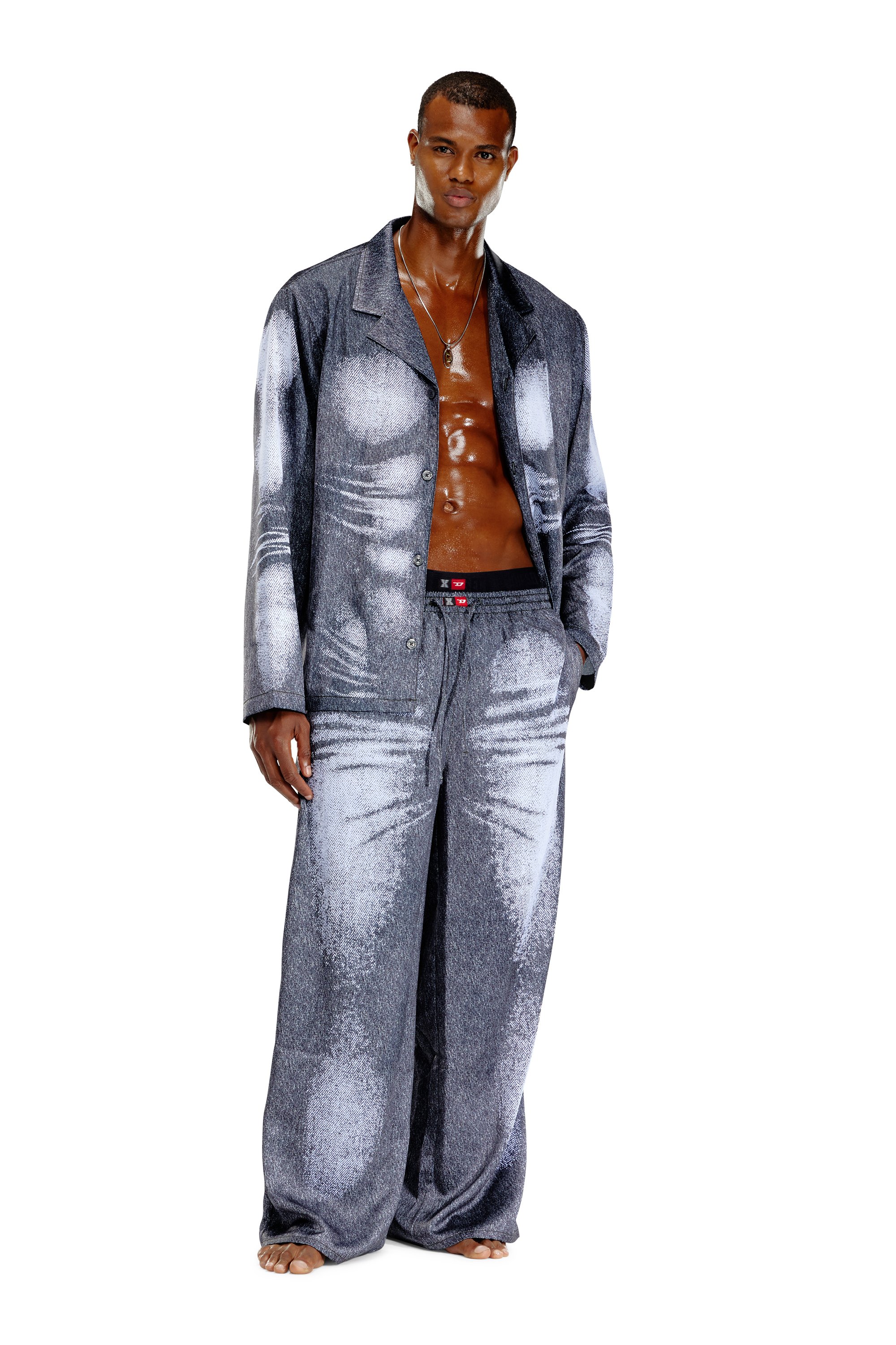 Diesel - STAINS-AND-TROMPE-SLEEP-PANT, Pantalon de pyjama en satin effet denim Mixte in Gris - 1