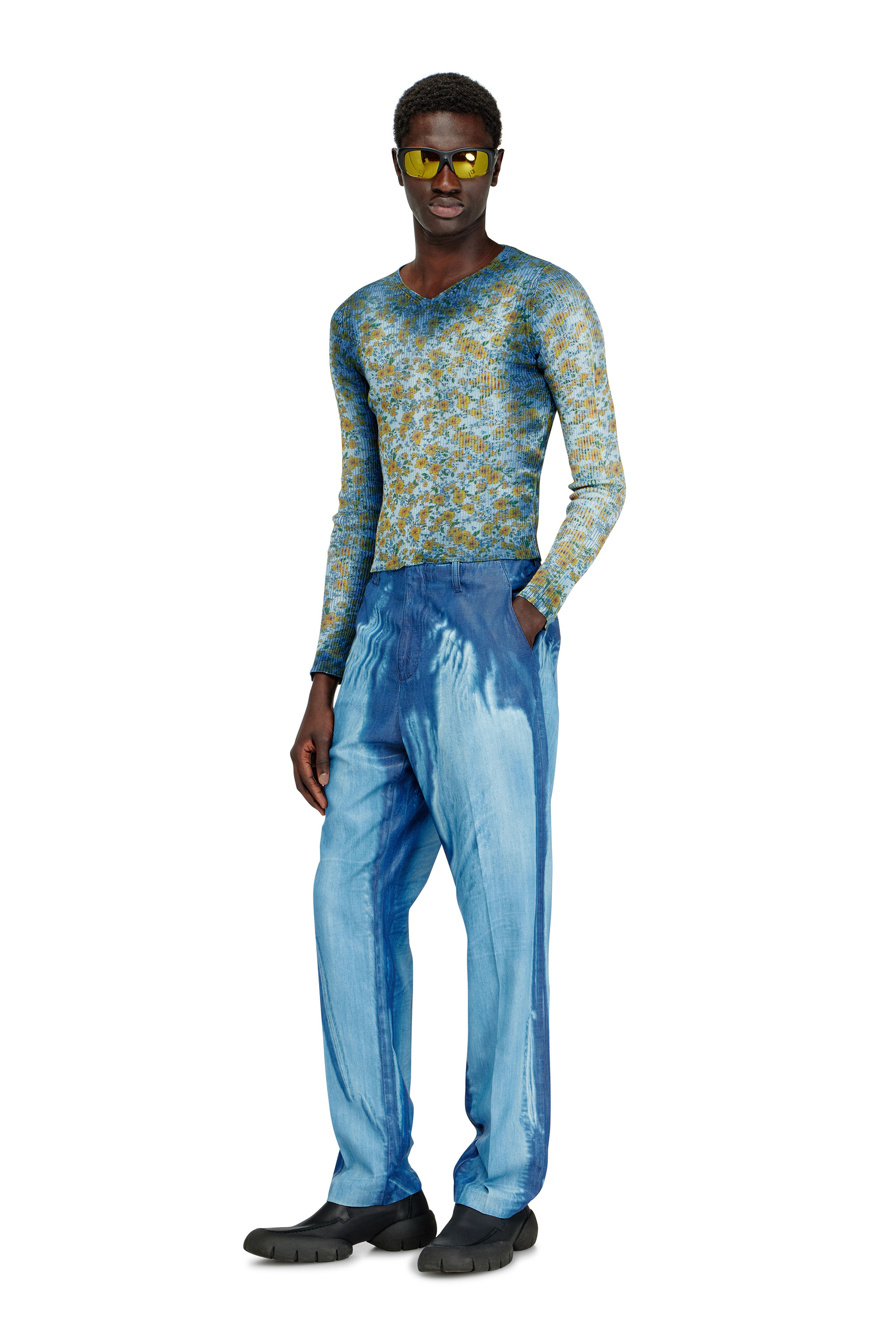 Diesel - M-EGE, Haut en maille c&ocirc;tel&eacute;e avec effet floral radiographique Femme in Bleu - 3