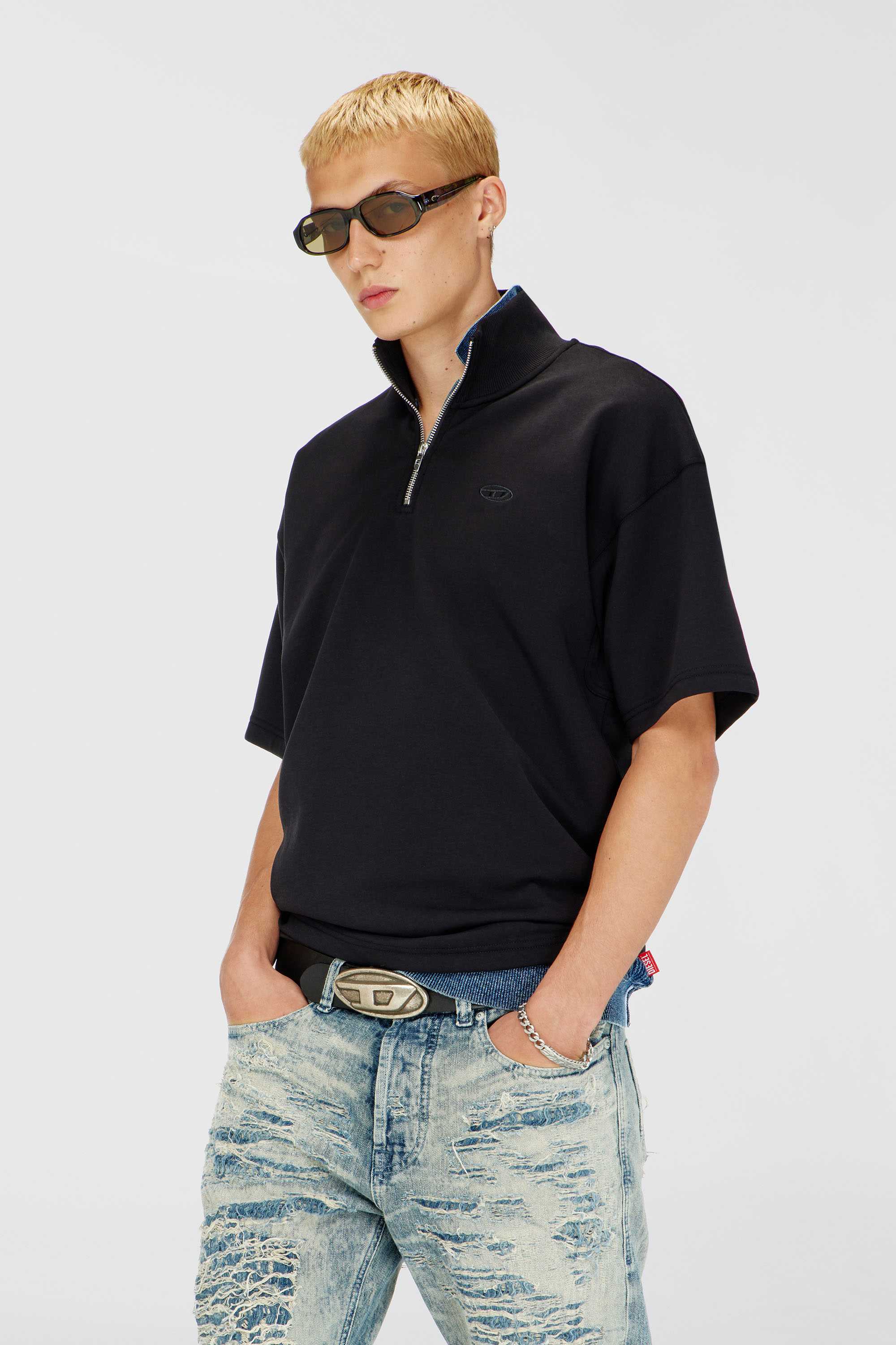 Diesel - S-CUBY, Sweat-shirt &agrave; manches courtes zipp&eacute; en scuba l&eacute;ger Homme in Noir - 1