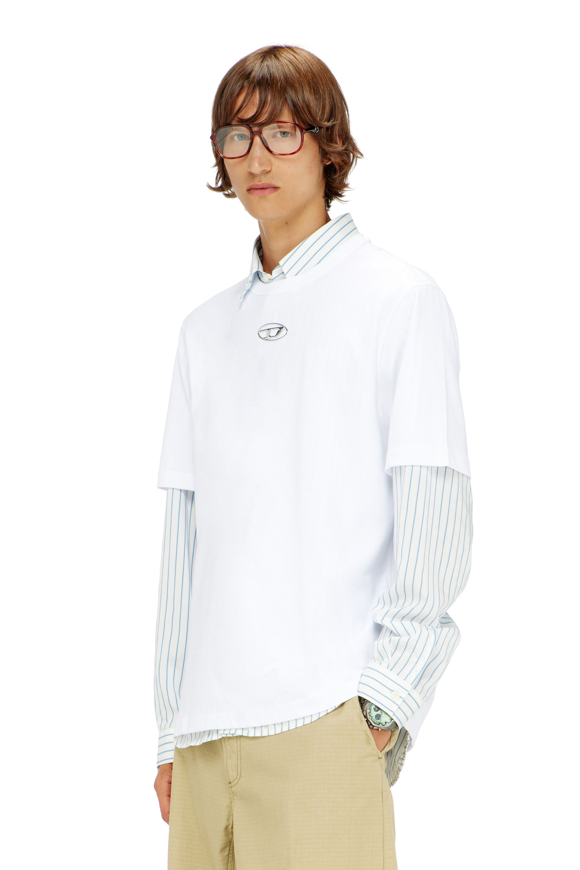Diesel - T-ADJUST-OD, T-shirt avec logo Oval D m&eacute;tallis&eacute; Homme in Blanc - 1
