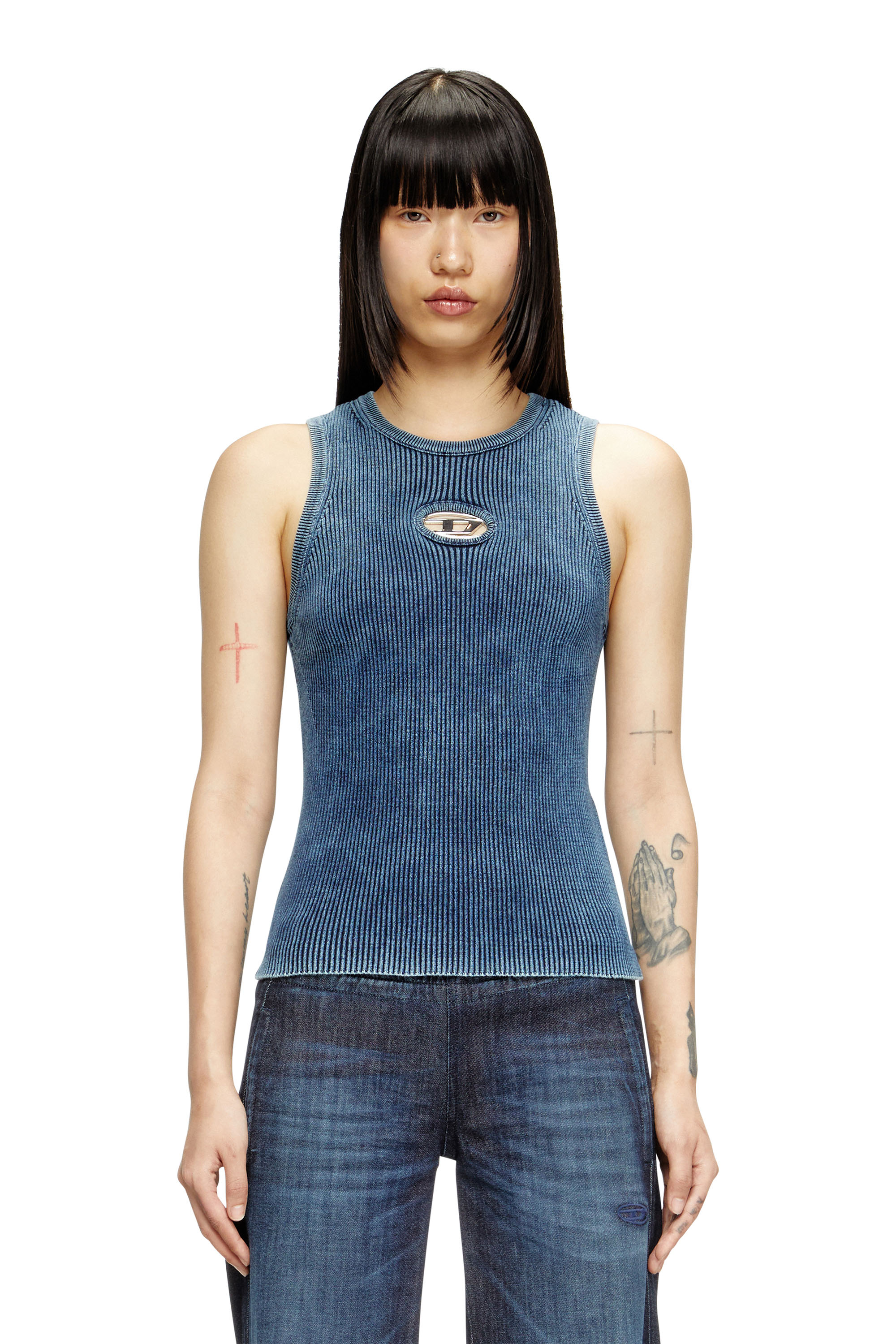 Diesel - M-ANCHOR-A-SL, Débardeur en maille côtelée avec Oval D Femme in Bleu - 1