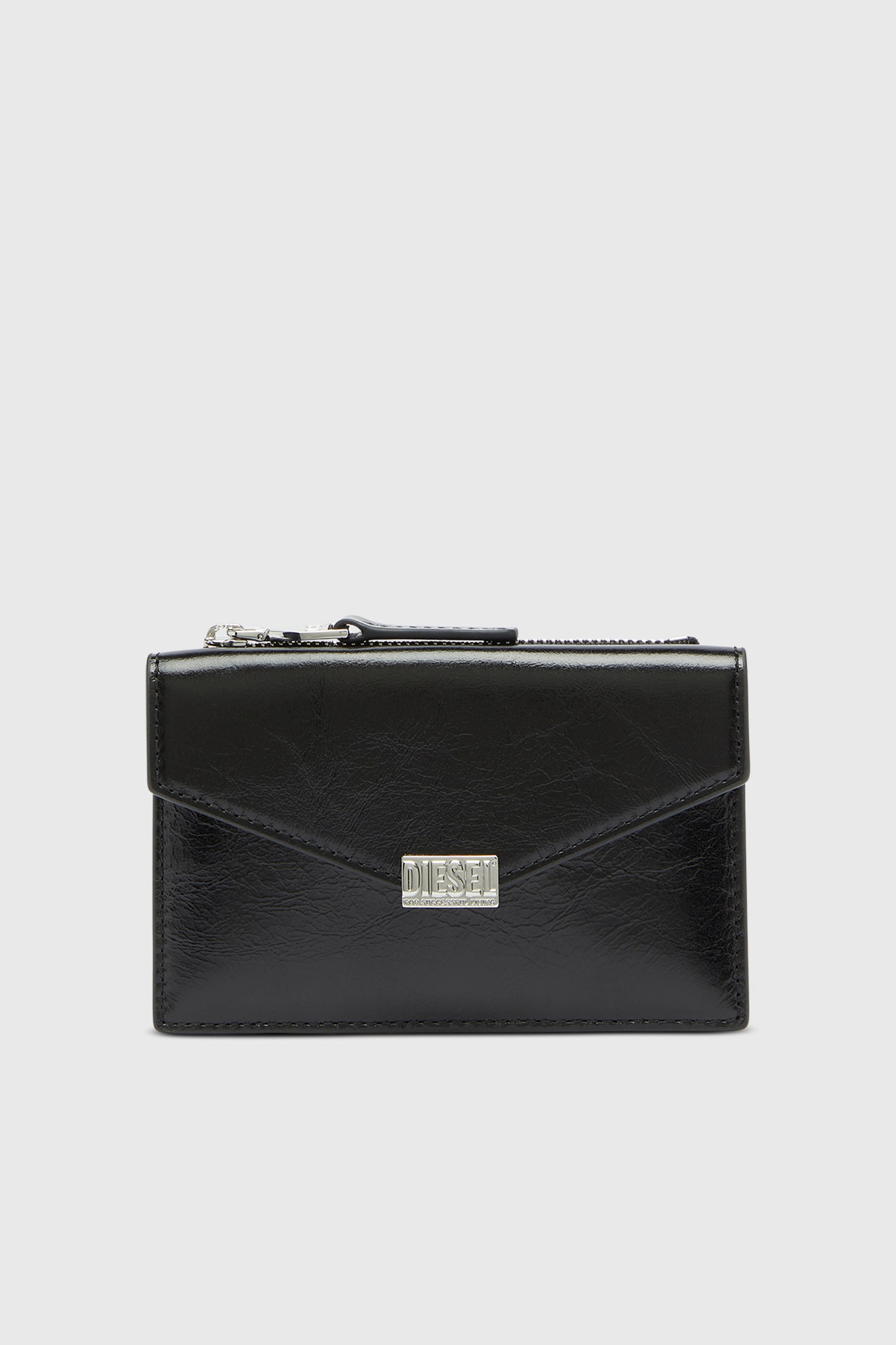 Diesel - D-ENVELOP CARD HOLDER, Porte-cartes style enveloppe en cuir brillant froiss&eacute; Femme in Noir - 1