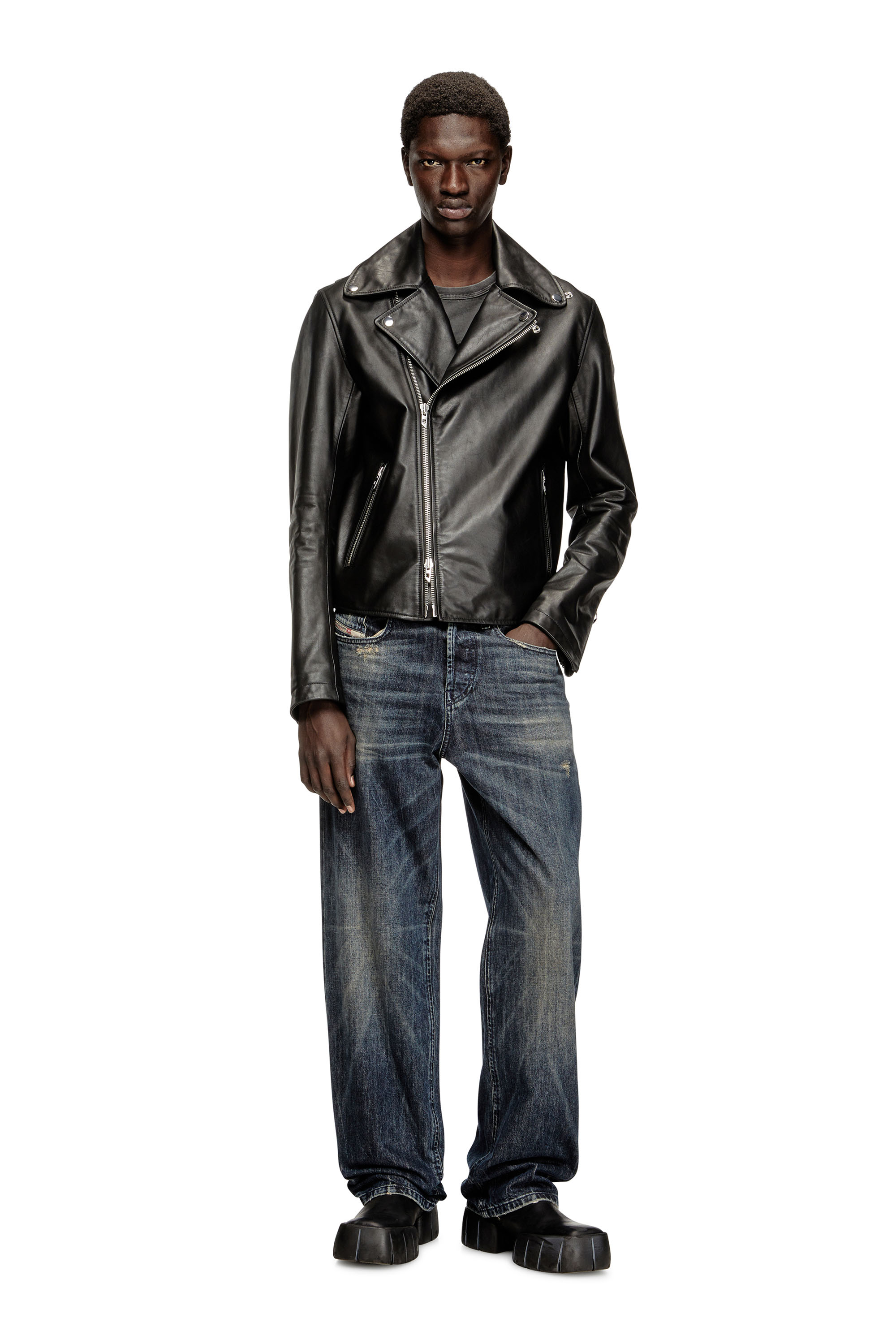 Diesel - L-EO-WRD, Veste de motard en cuir ciré Homme in Noir - 2