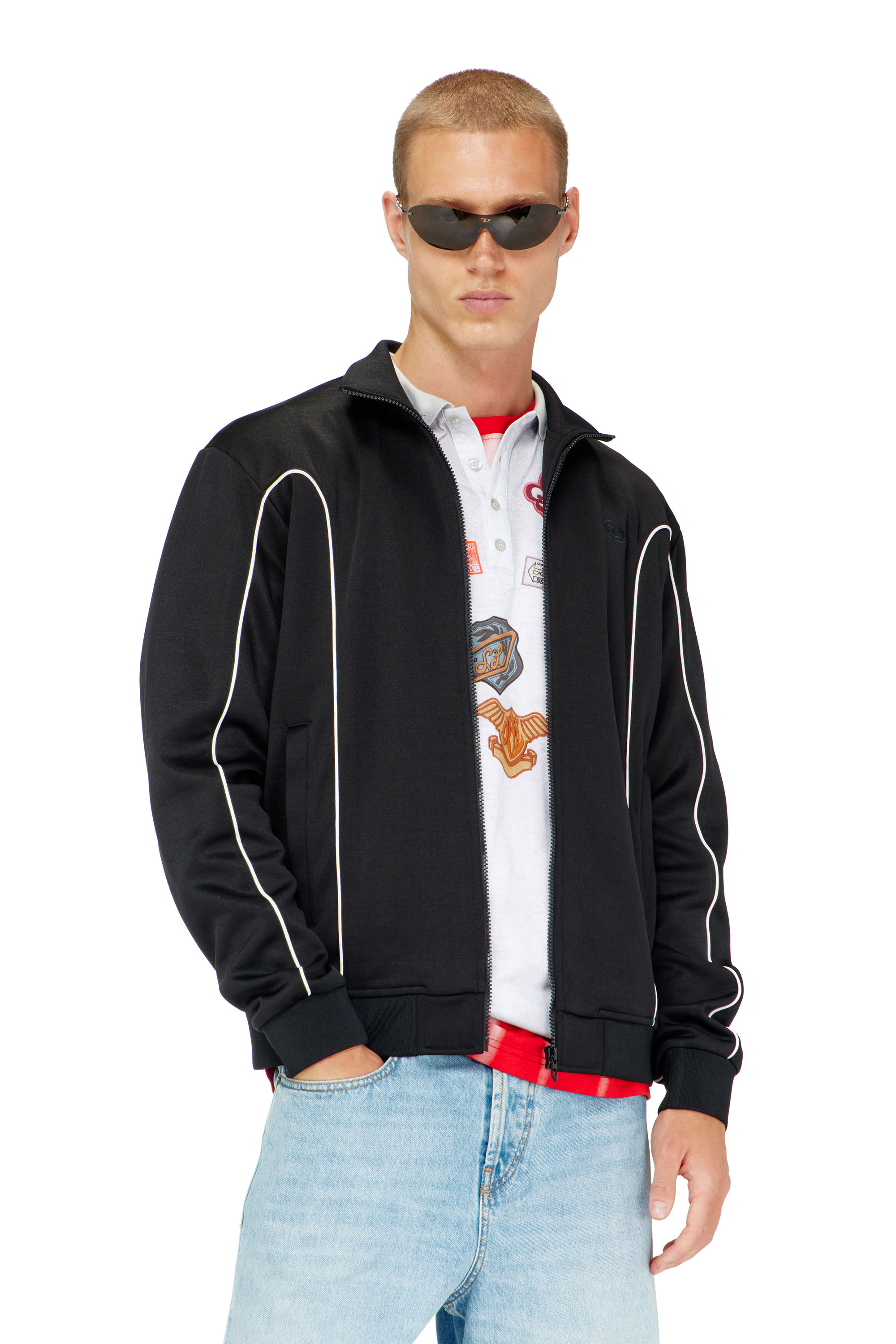 Diesel - S-LOCKING-DO, Veste de surv&ecirc;tement en tissu molletonn&eacute; avec passepoil contrastant Homme in Noir - 1