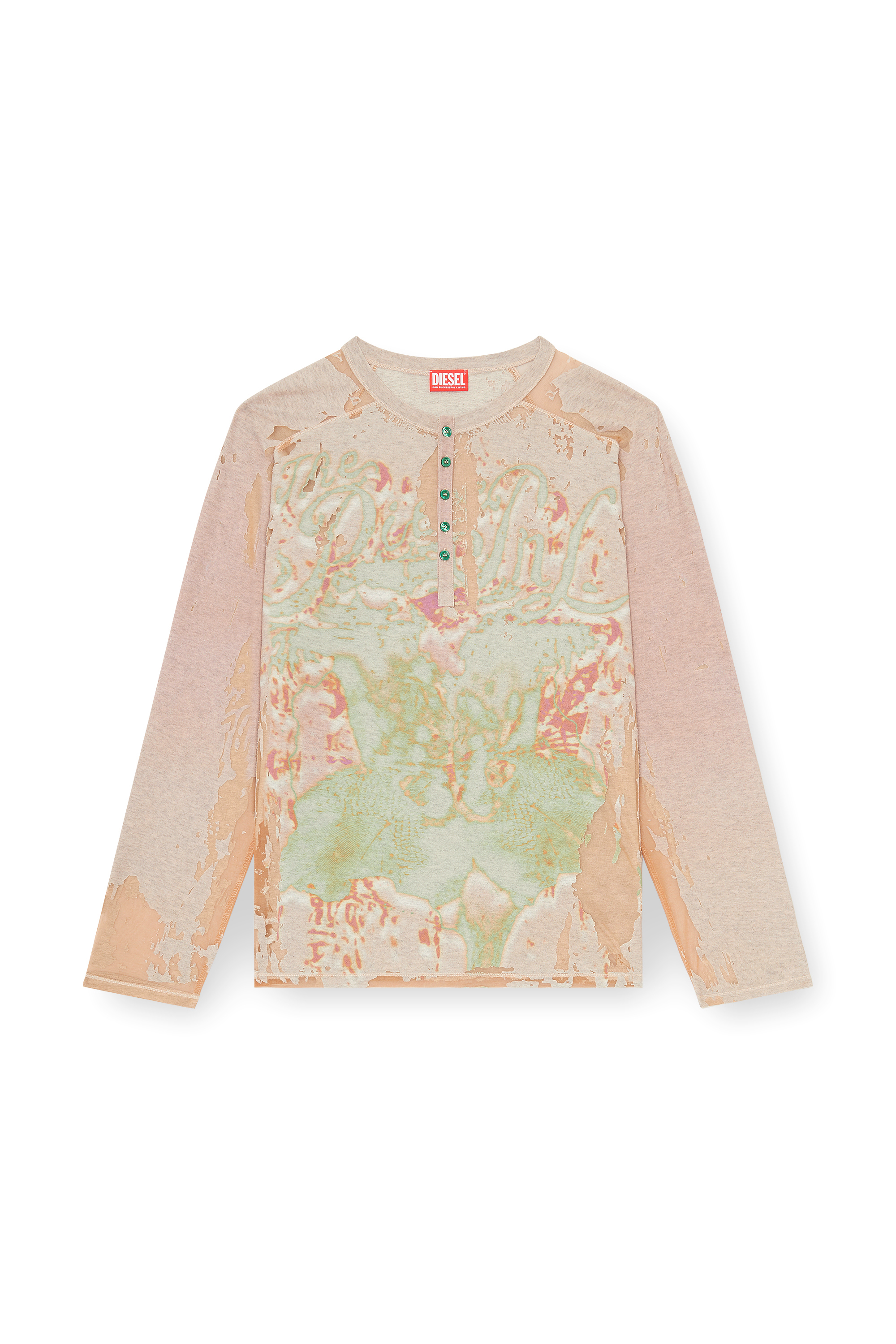Diesel - T-LIVO-LS, T-shirt Henley en jersey d&eacute;vor&eacute; imprim&eacute; Homme in Beige - 2
