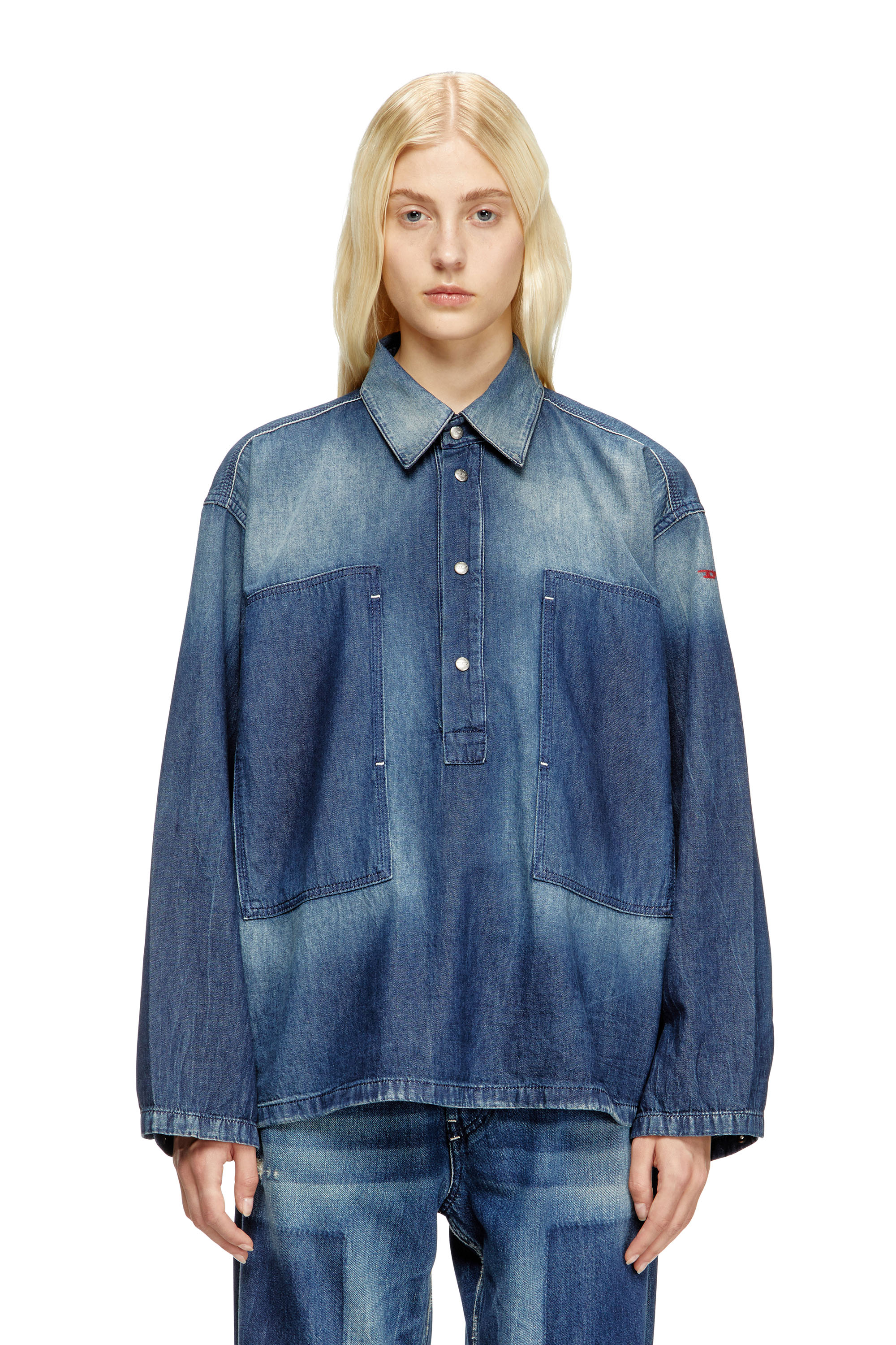 Diesel - DE-PRISS, Haut Henley en denim à effet contrasté Femme in Bleu - 1