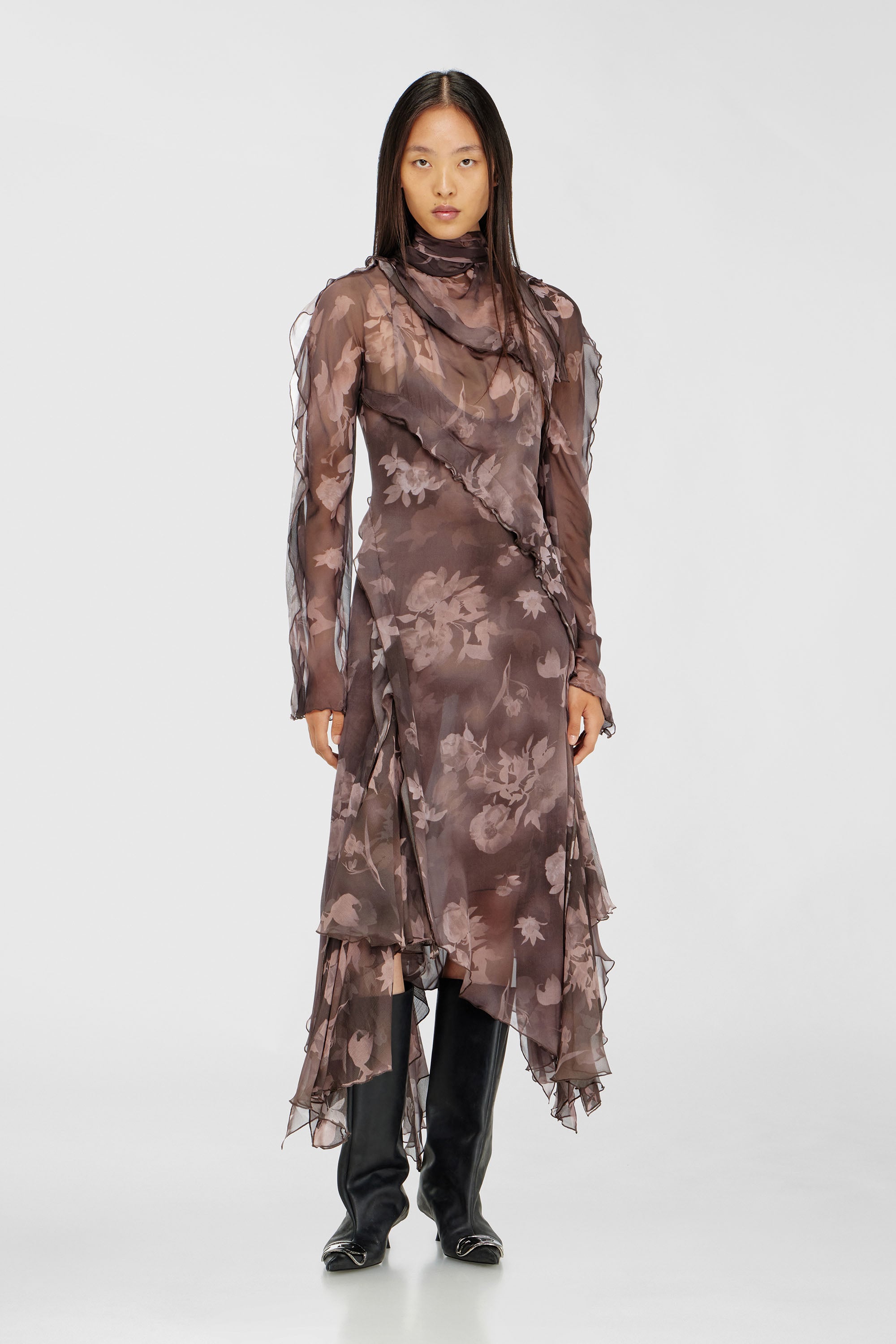 Diesel - D-RIADI, Robe midi asym&eacute;trique en chiffon et cr&ecirc;pe de soie Femme in Marron - 1