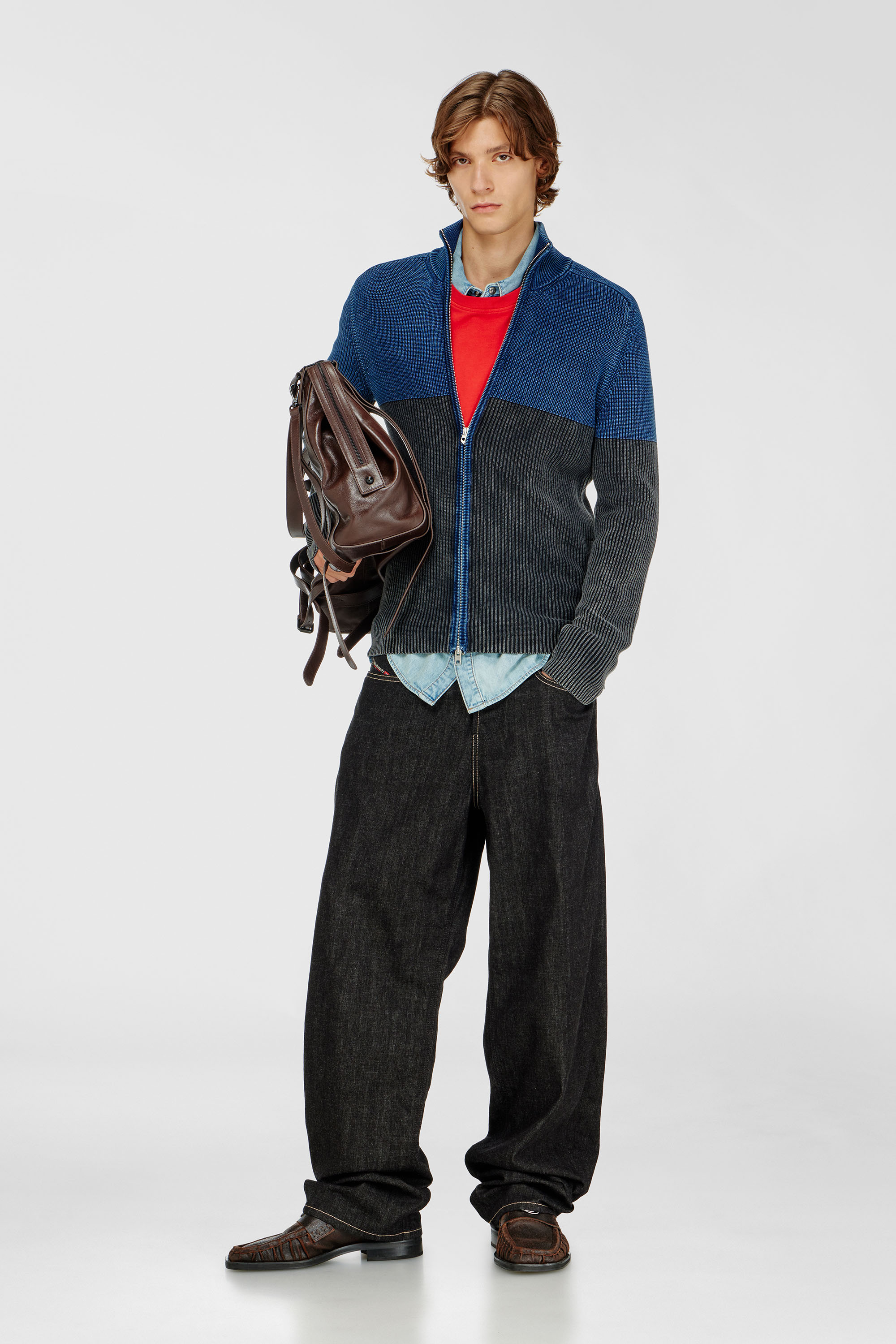 Diesel - K-HERMOS, Cardigan zipp&eacute; effet denim bicolore Homme in Polychrome - 2