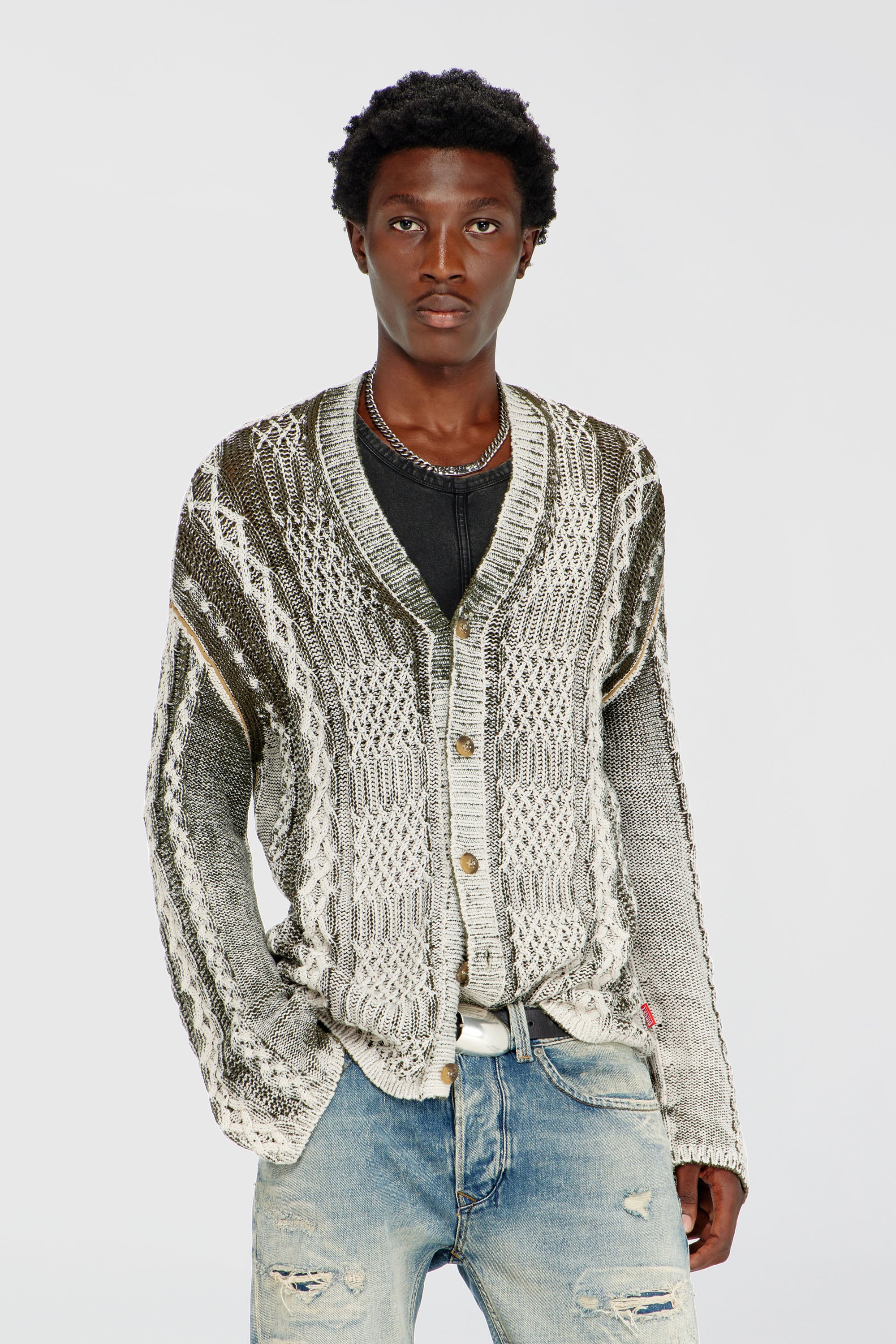 Diesel - K-MIOTO, Cardigan en maille torsad&eacute;e trait&eacute; Homme in Polychrome - 1