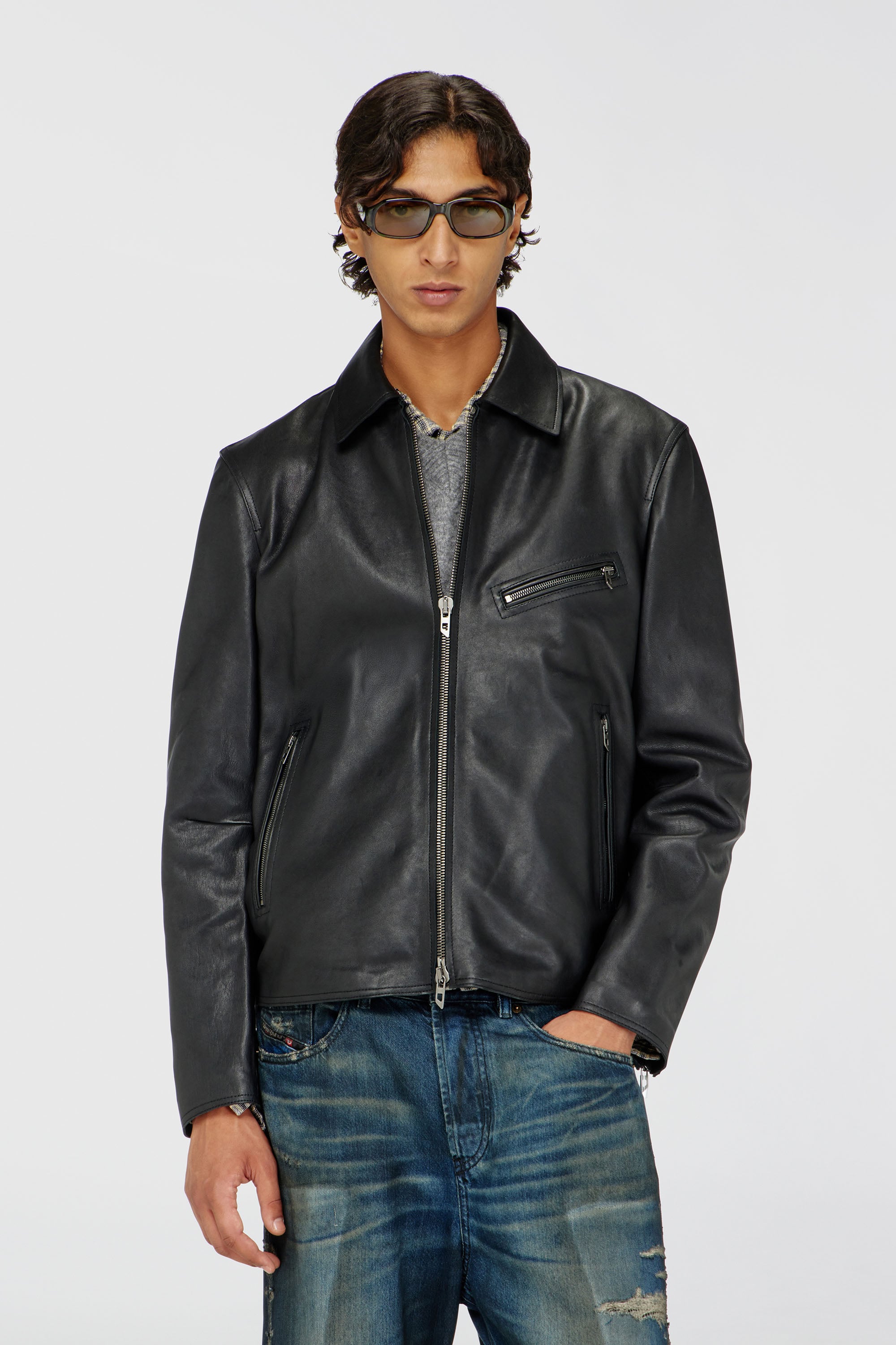 Diesel - L-KORN-A, Veste en cuir avec Oval D emboss&eacute; Homme in Noir - 1
