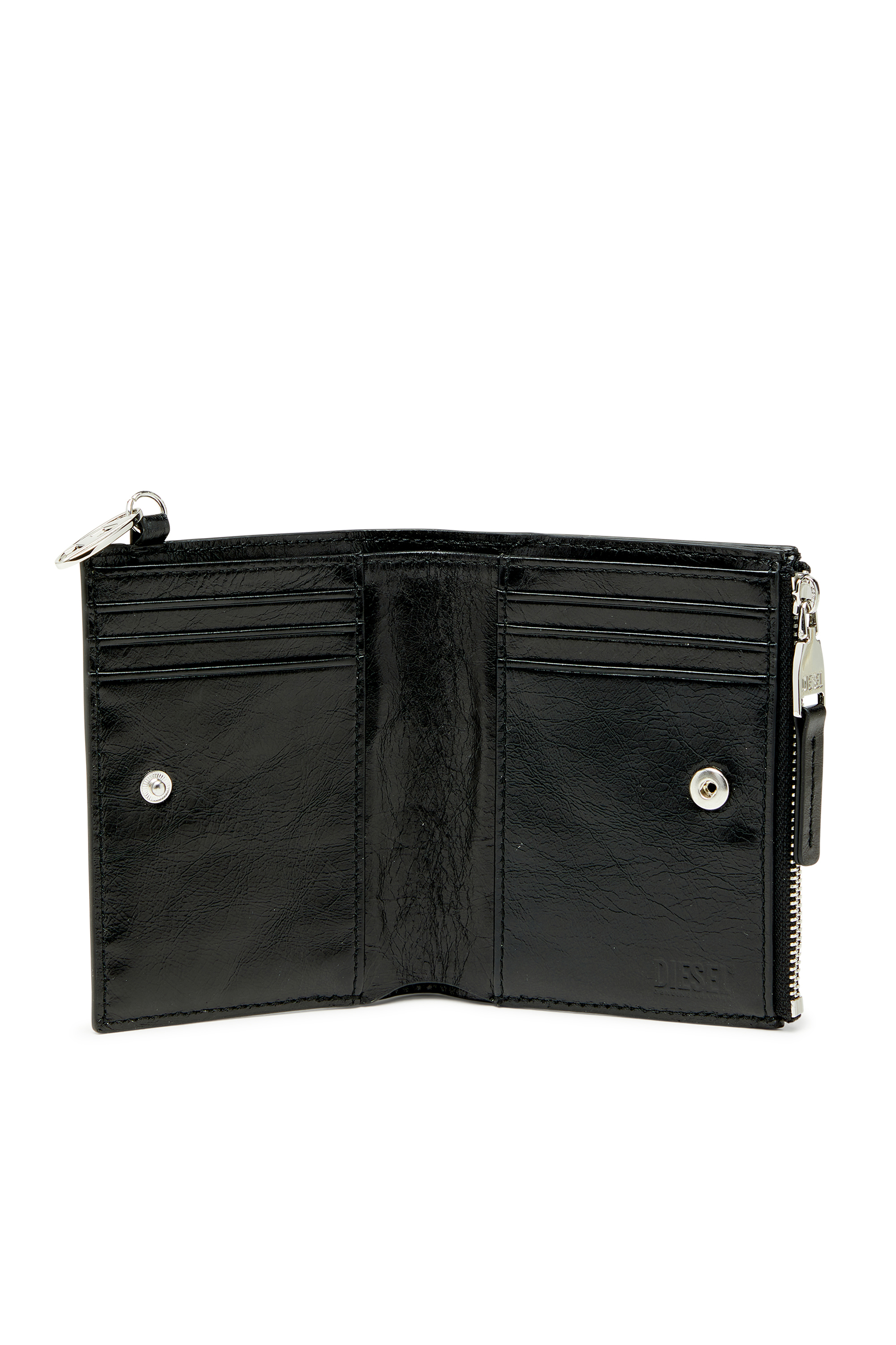 Diesel - OVAL-D BI FOLD ZIP II, Portefeuille bi-fold en cuir avec motif cha&icirc;ne emboss&eacute; Femme in Noir - 3