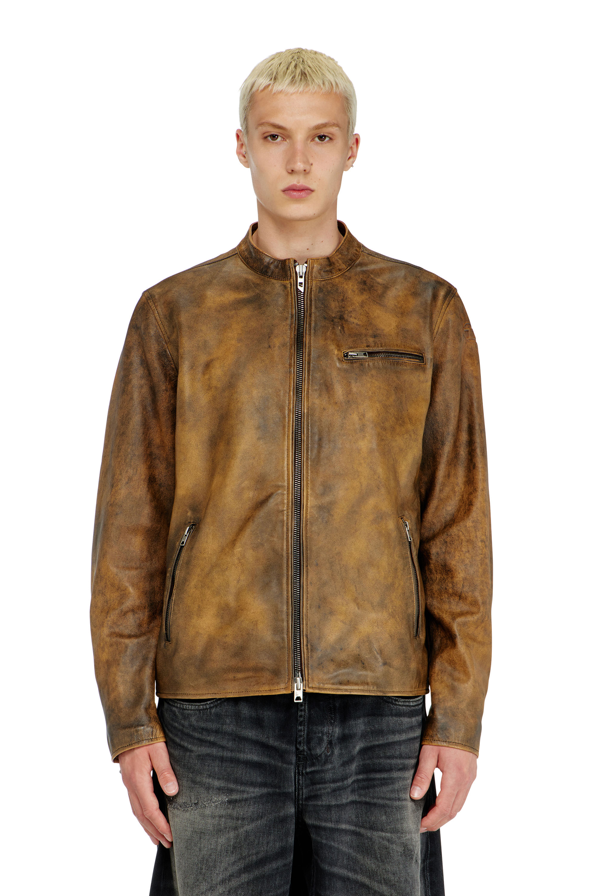 Diesel - L-ZAD-KNCZ, Biker jacket en cuir trait&eacute; Homme in Marron - 1