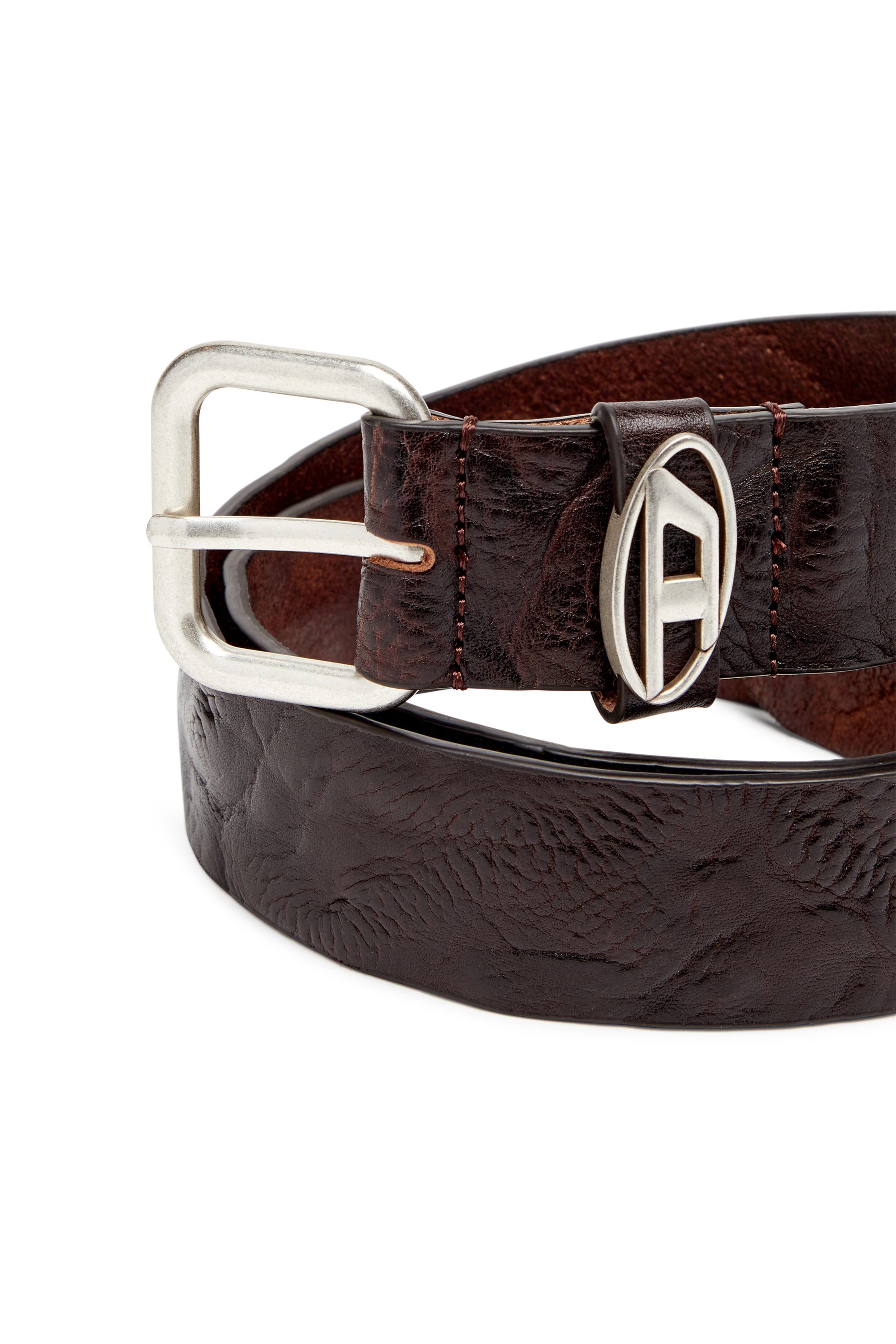 Diesel - B-1DR OVAL D LOOP, Logo-plaque wrinkled leather belt Mixte in Marron - 3